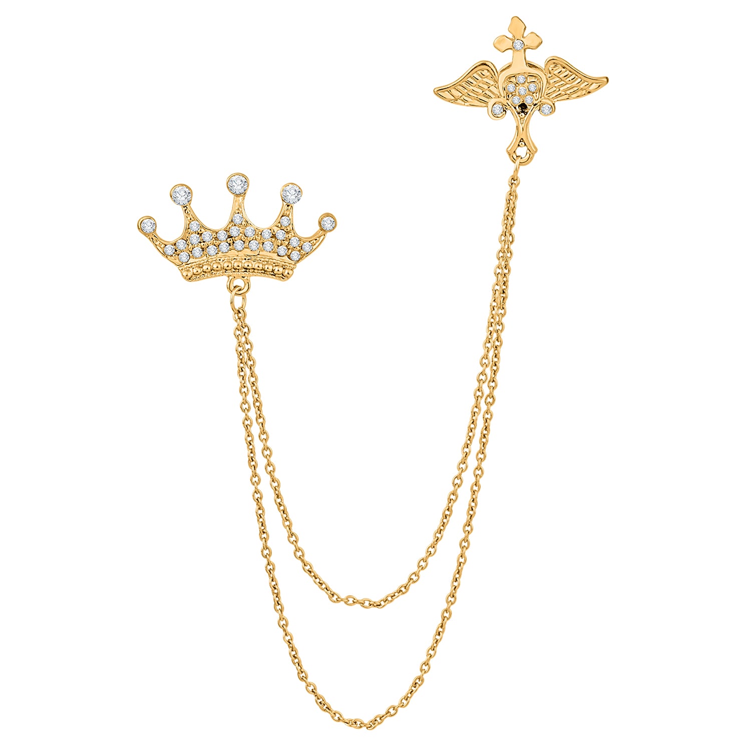 Fashionable Double Chain Crown Wing Brooch Lapel Pin