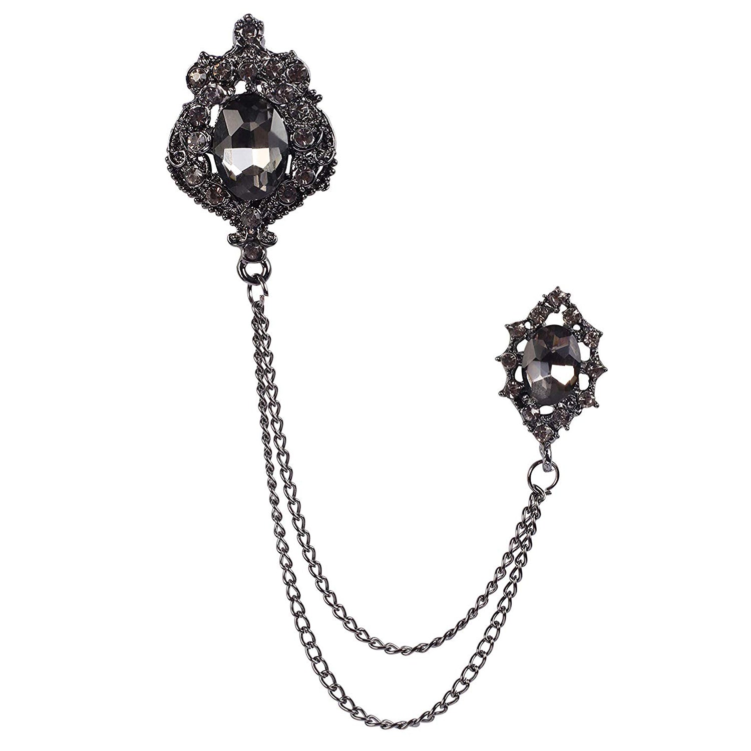 Black Gun Metal Men's Glittery Black Crystal Double Chain Brooch