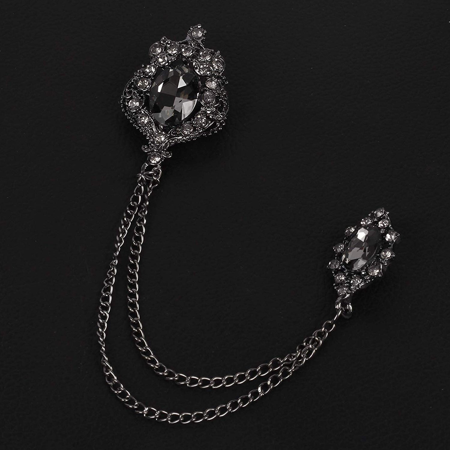 Black Gun Metal Men's Glittery Black Crystal Double Chain Brooch