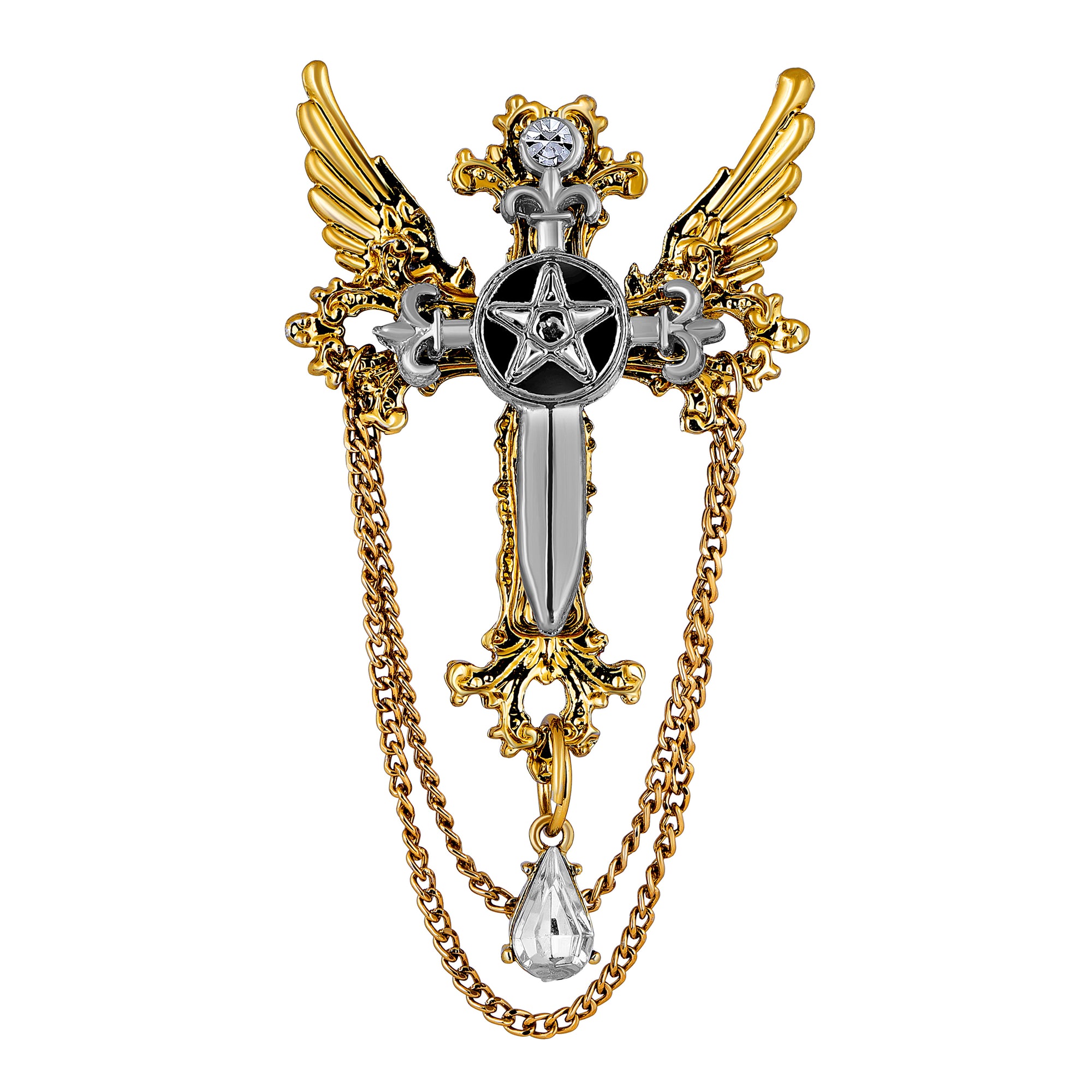 Black Cross and Wings Brooch