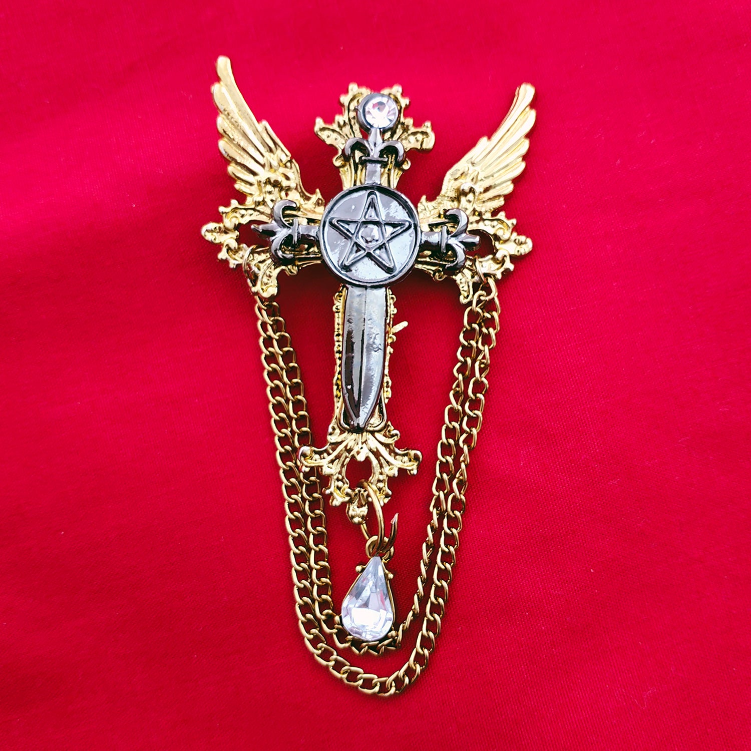Black Cross and Wings Brooch