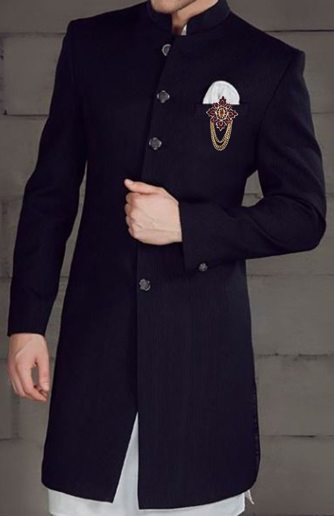 Meenakari Work Maple Leaf & Layered Chain Shervani Brooch