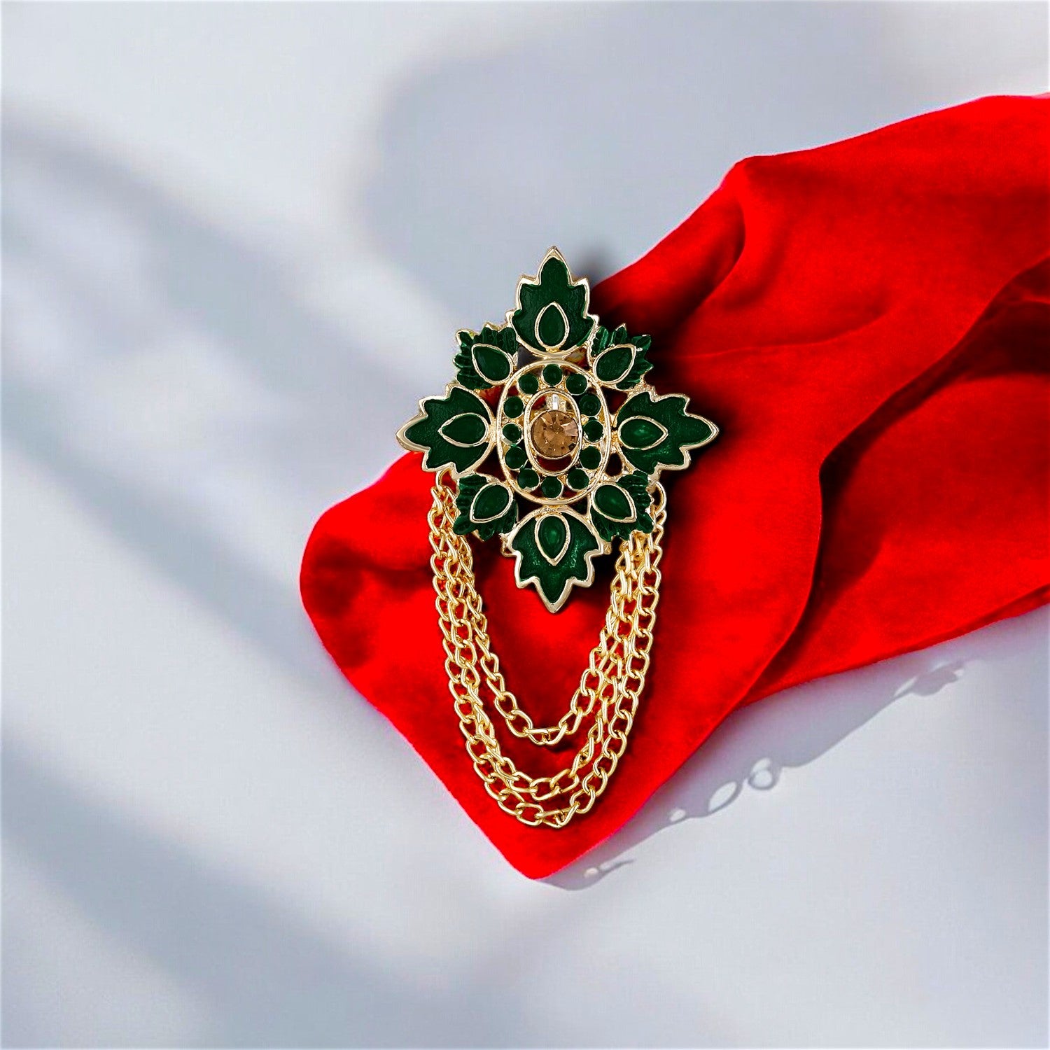 Meenakari Work Maple Leaf & Layered Chain Shervani Brooch