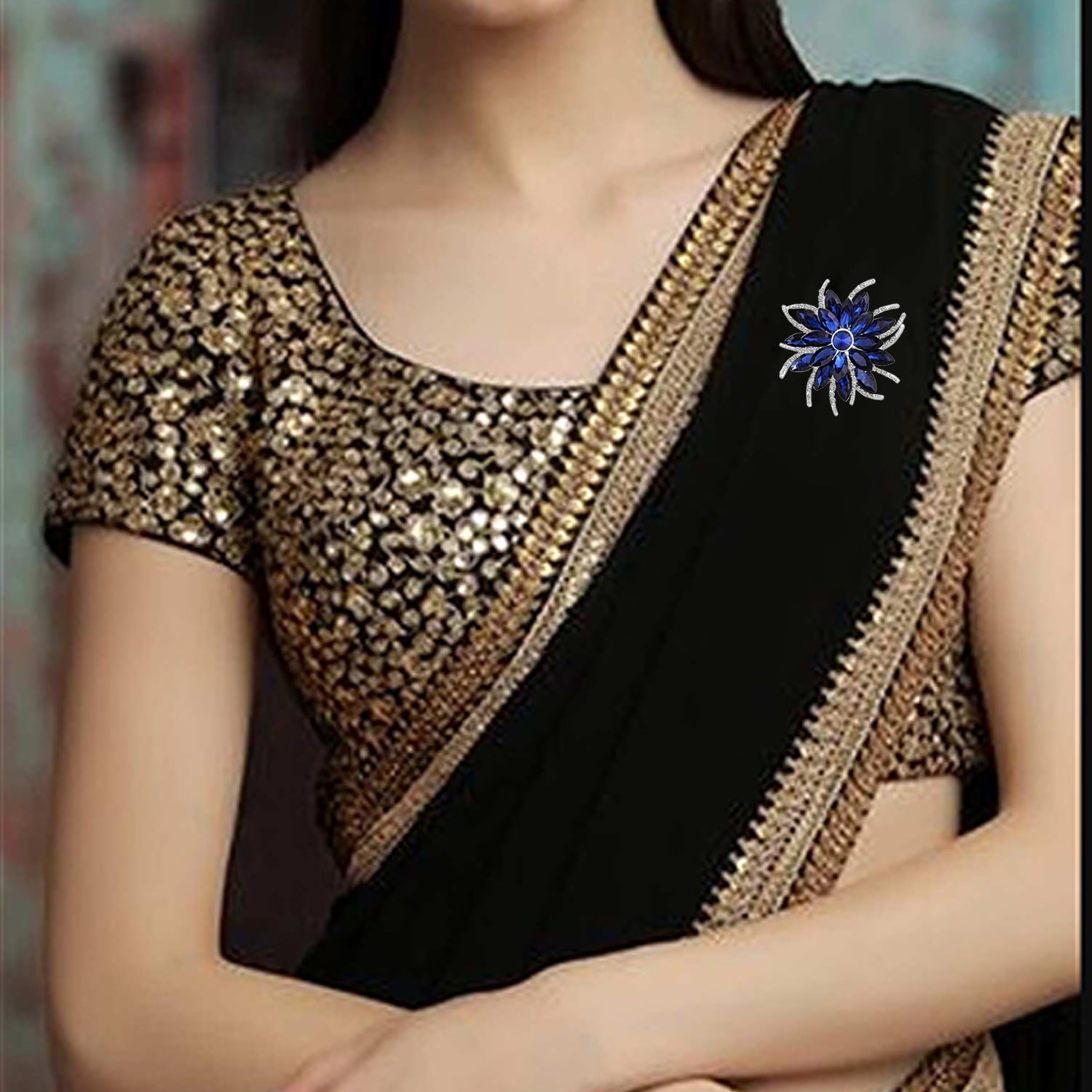Floral Design Sapphire Blue Studded Saree Pin / Wedding Brooch