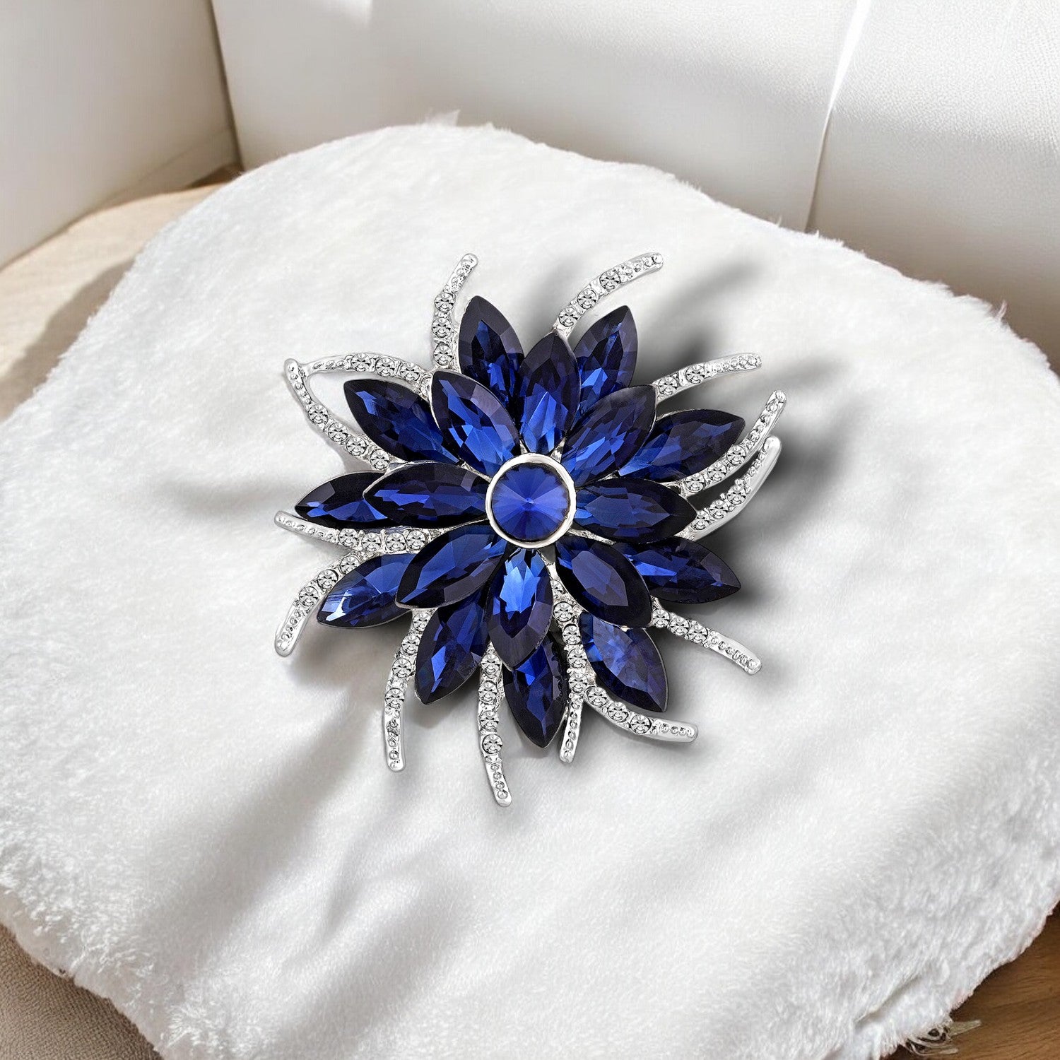 Floral Design Sapphire Blue Studded Saree Pin / Wedding Brooch