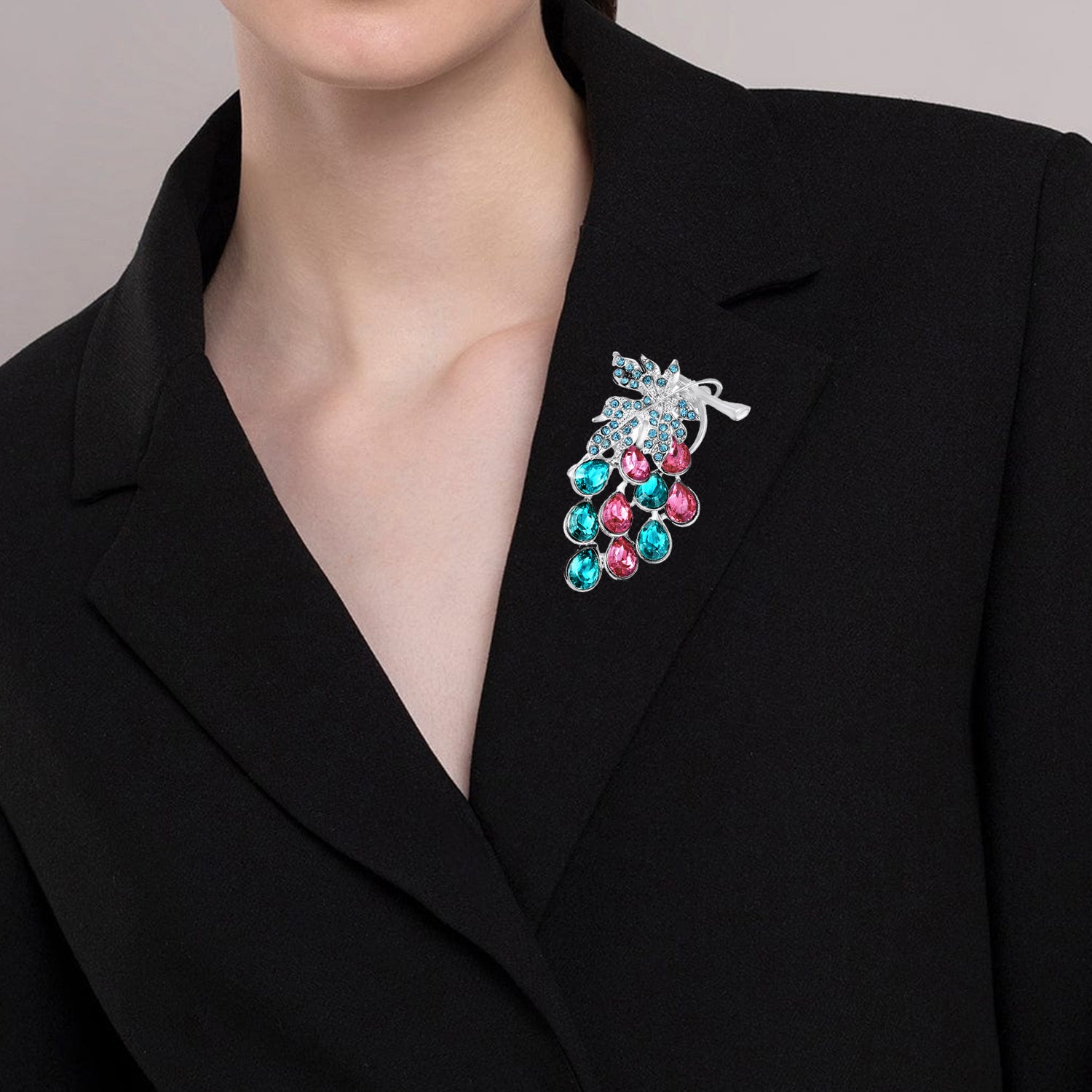 Blue Pink Crystals Vintage Leaf Brooch Saree Pin