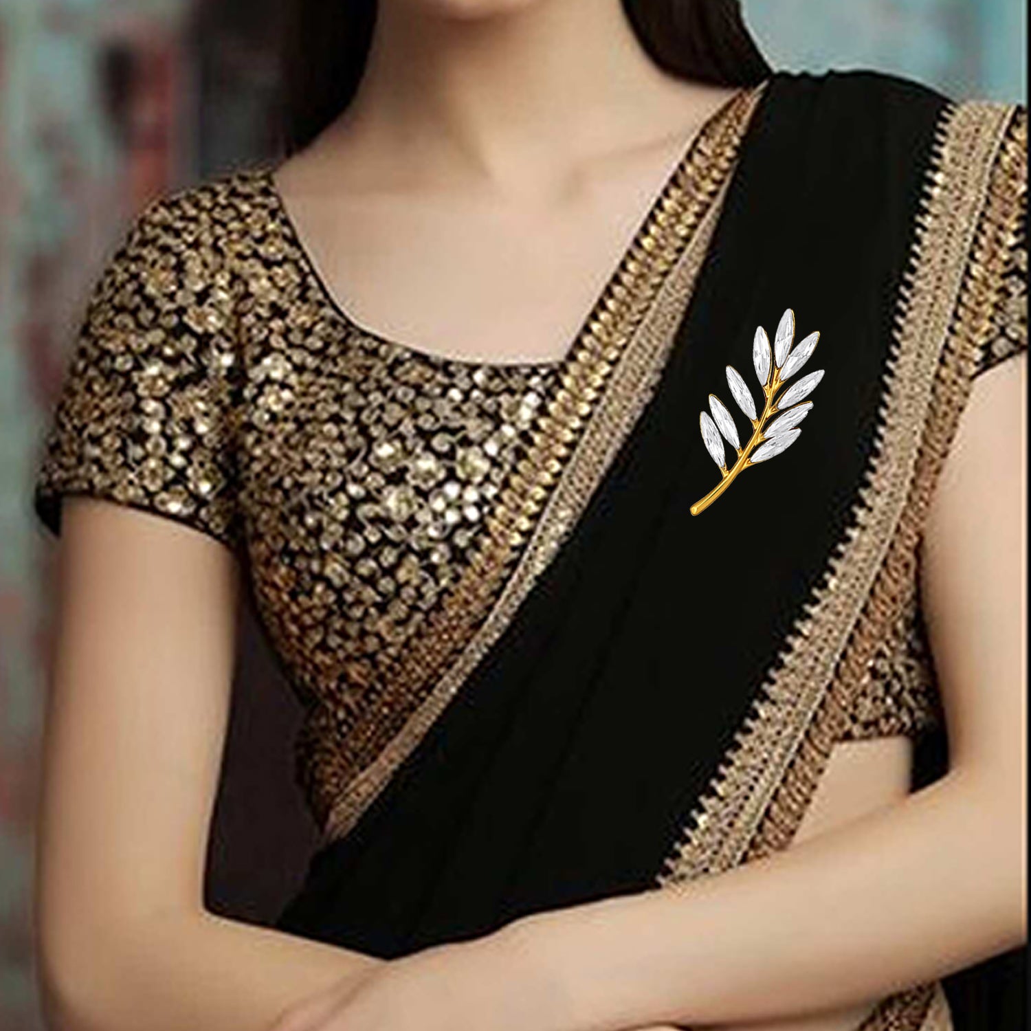 Studded Leaf Shaped Brooch