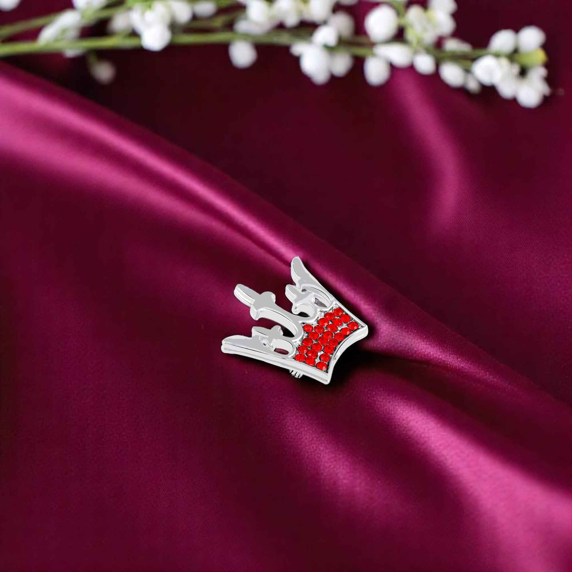 Regal Crown Brooch with Studded Red Crystals
