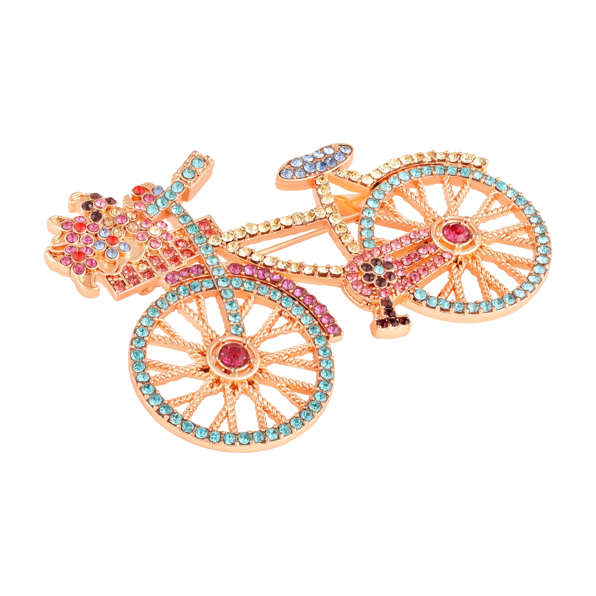 Shiny Flower Basket Design Vintage Bicycle Brooch Pin with Multicolor Crystals