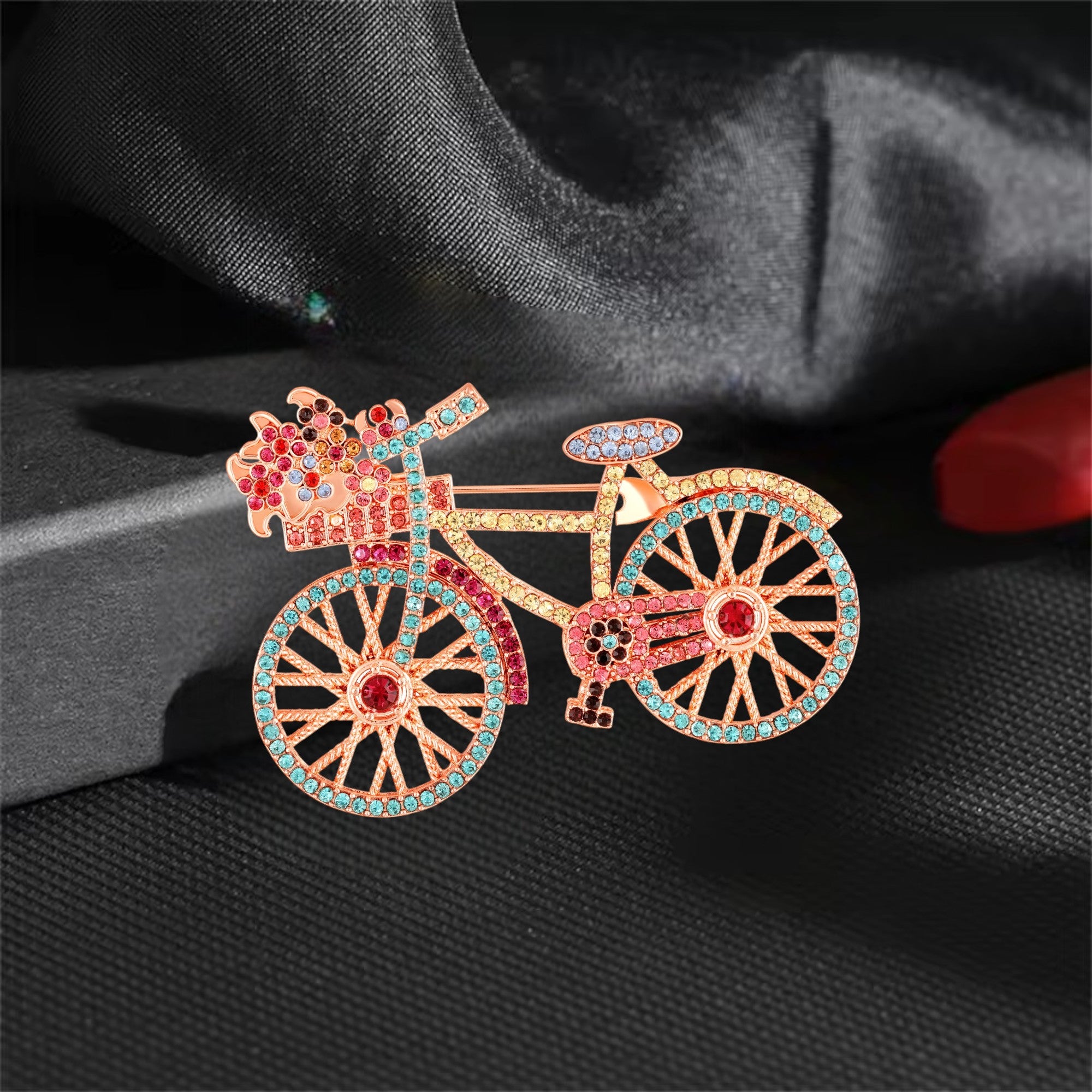 Shiny Flower Basket Design Vintage Bicycle Brooch Pin with Multicolor Crystals