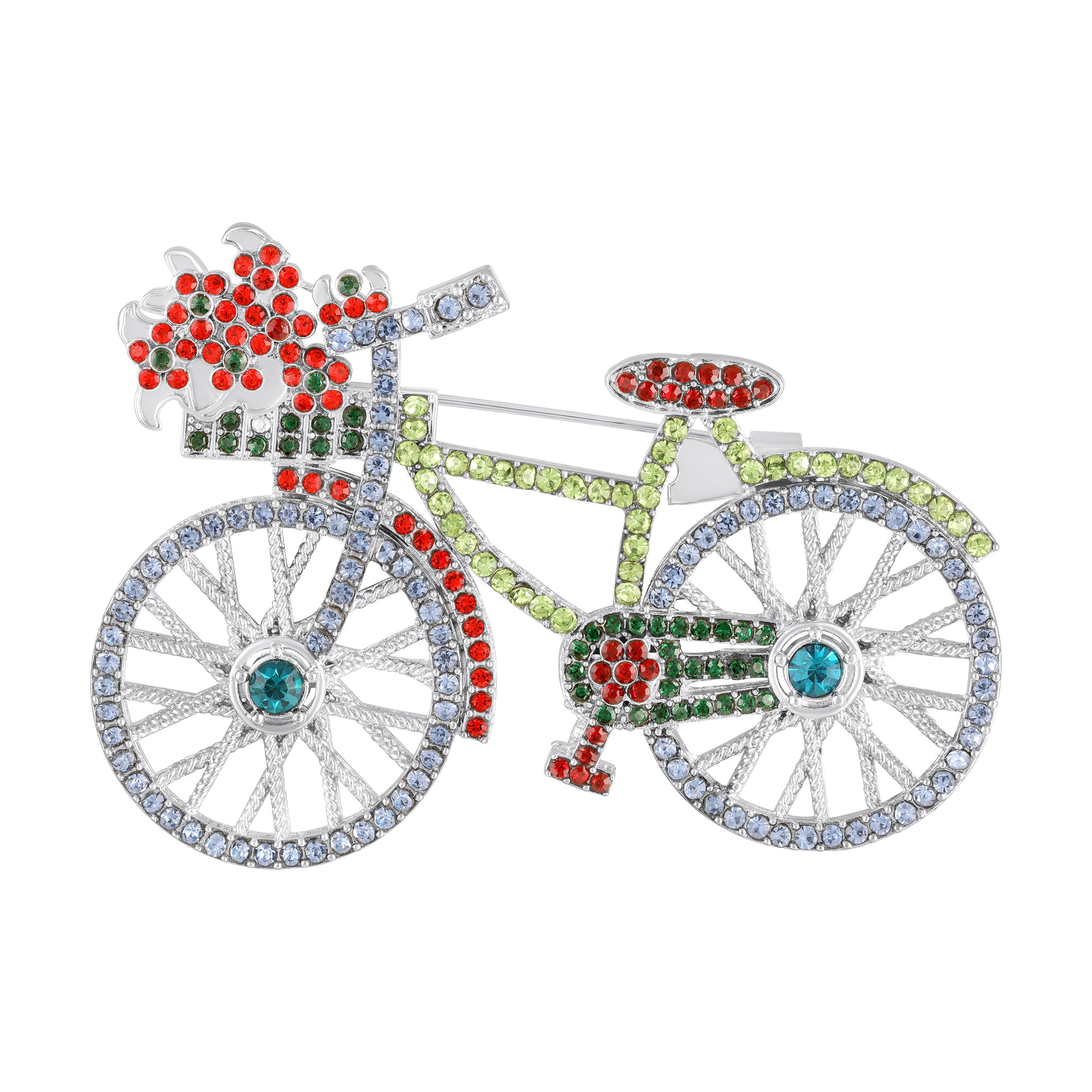 Shiny Flower Basket Design Vintage Bicycle Brooch Pin with Multicolor Crystals