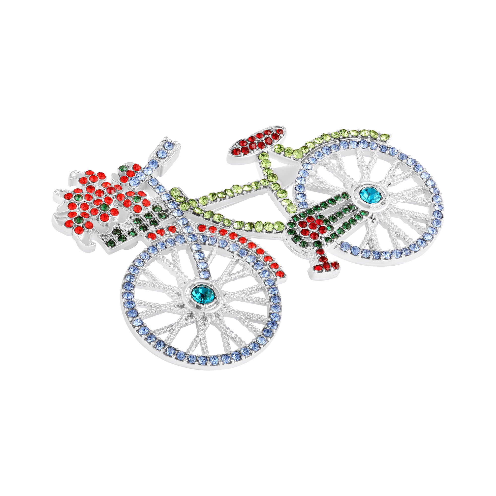 Shiny Flower Basket Design Vintage Bicycle Brooch Pin with Multicolor Crystals