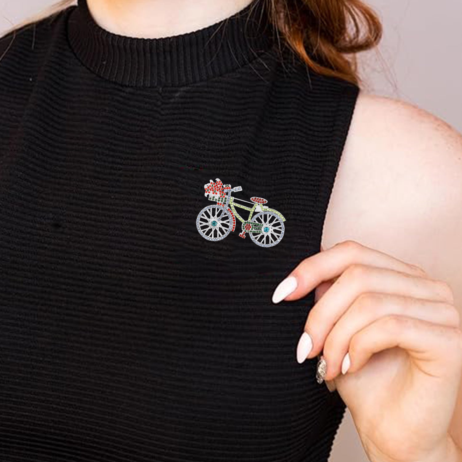 Shiny Flower Basket Design Vintage Bicycle Brooch Pin with Multicolor Crystals