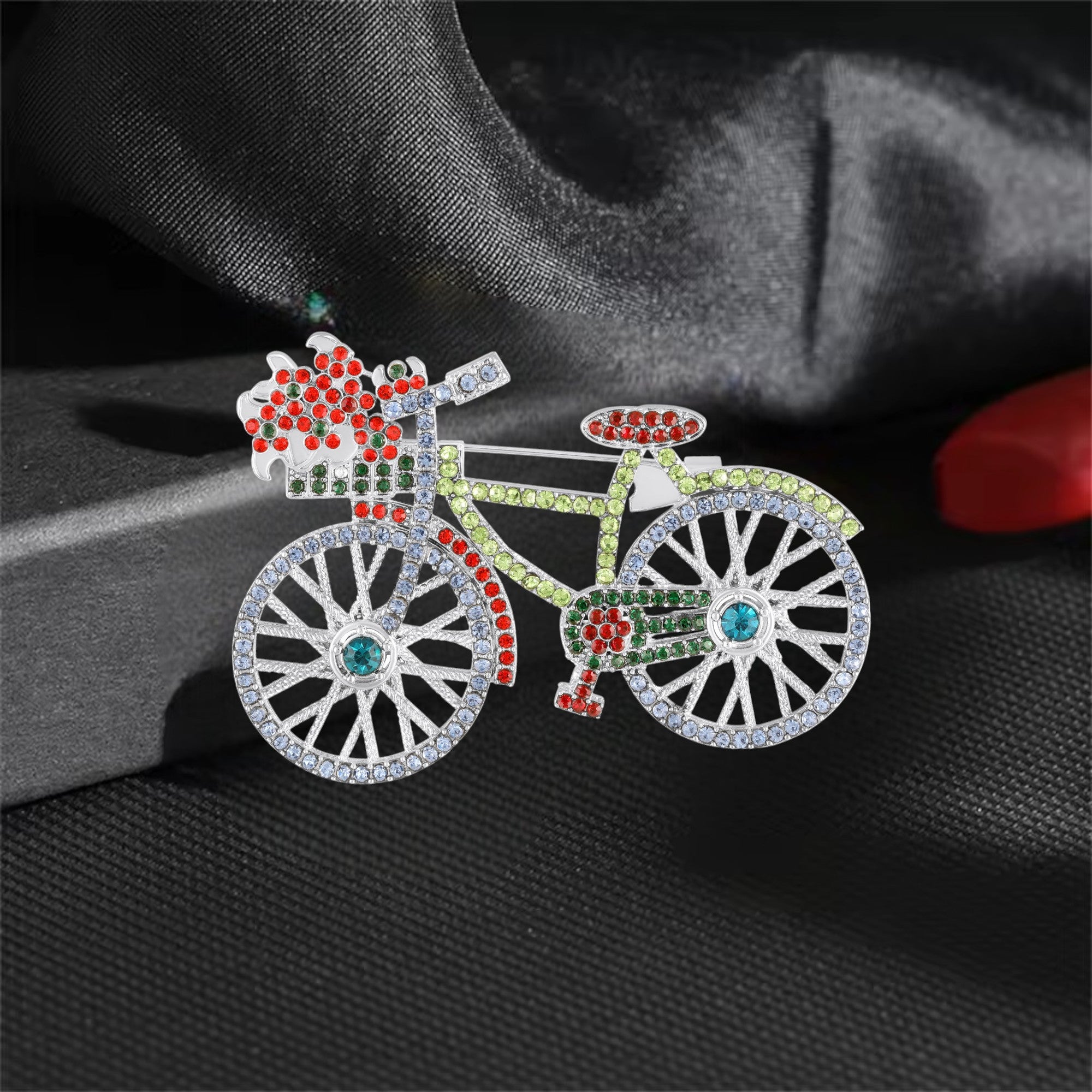 Shiny Flower Basket Design Vintage Bicycle Brooch Pin with Multicolor Crystals