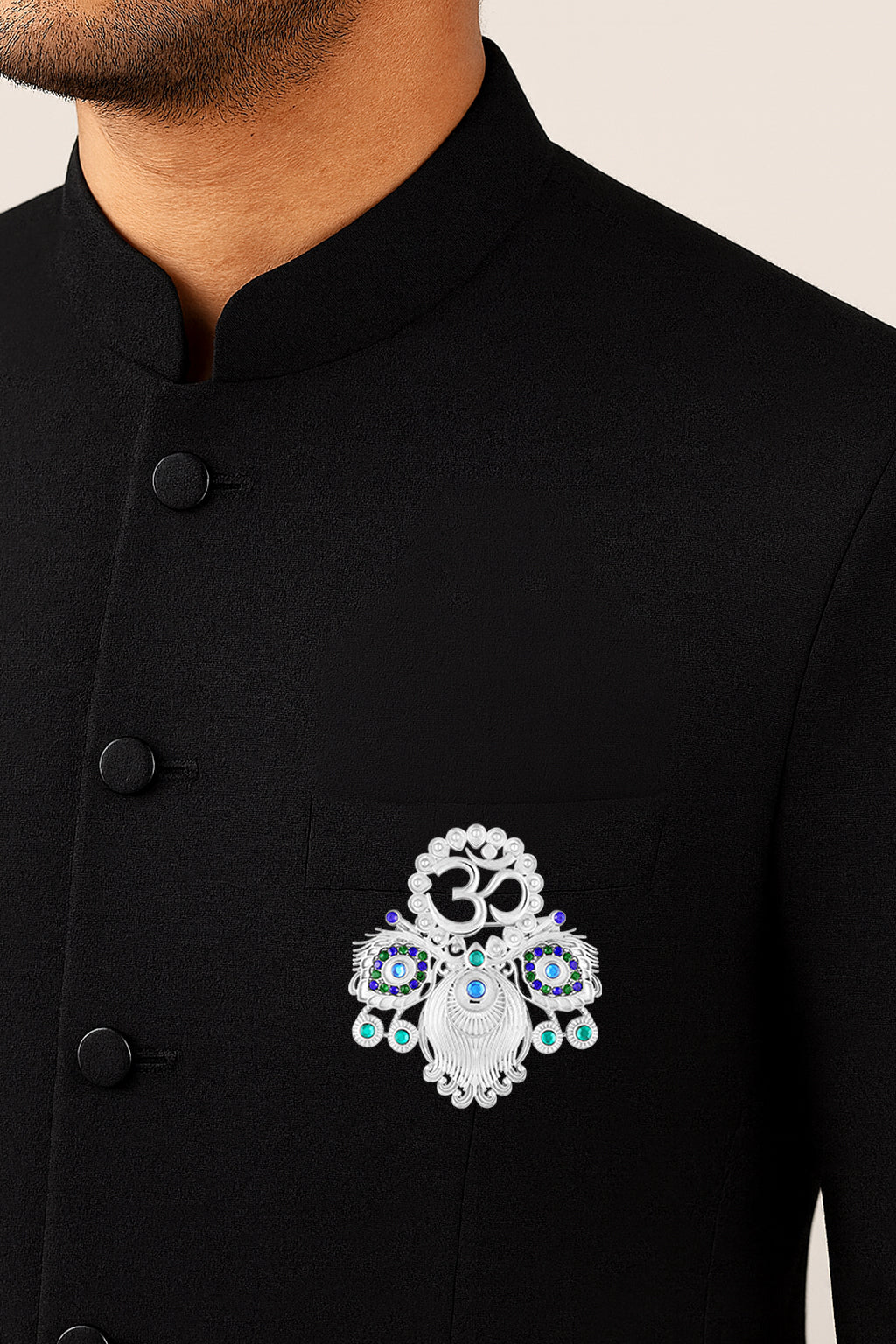 Om & Peacock-Feather-Themed Colurful Brooch