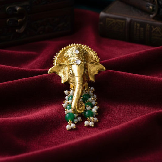 Royal Gold Tone Ganpati Brooch with Artificial Pearl