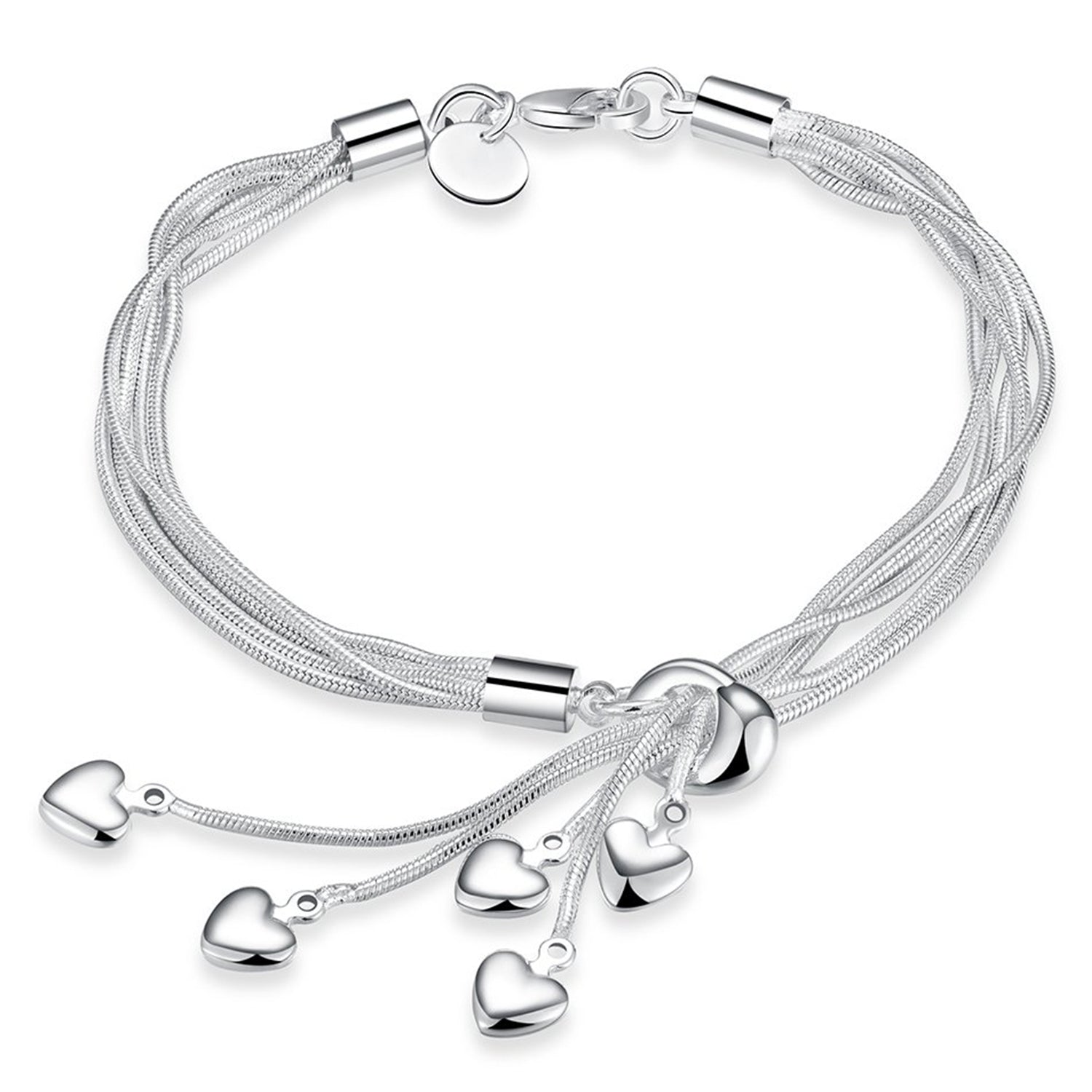 Rhodium Plated Heart Charms Silver Adjustable Bracelet