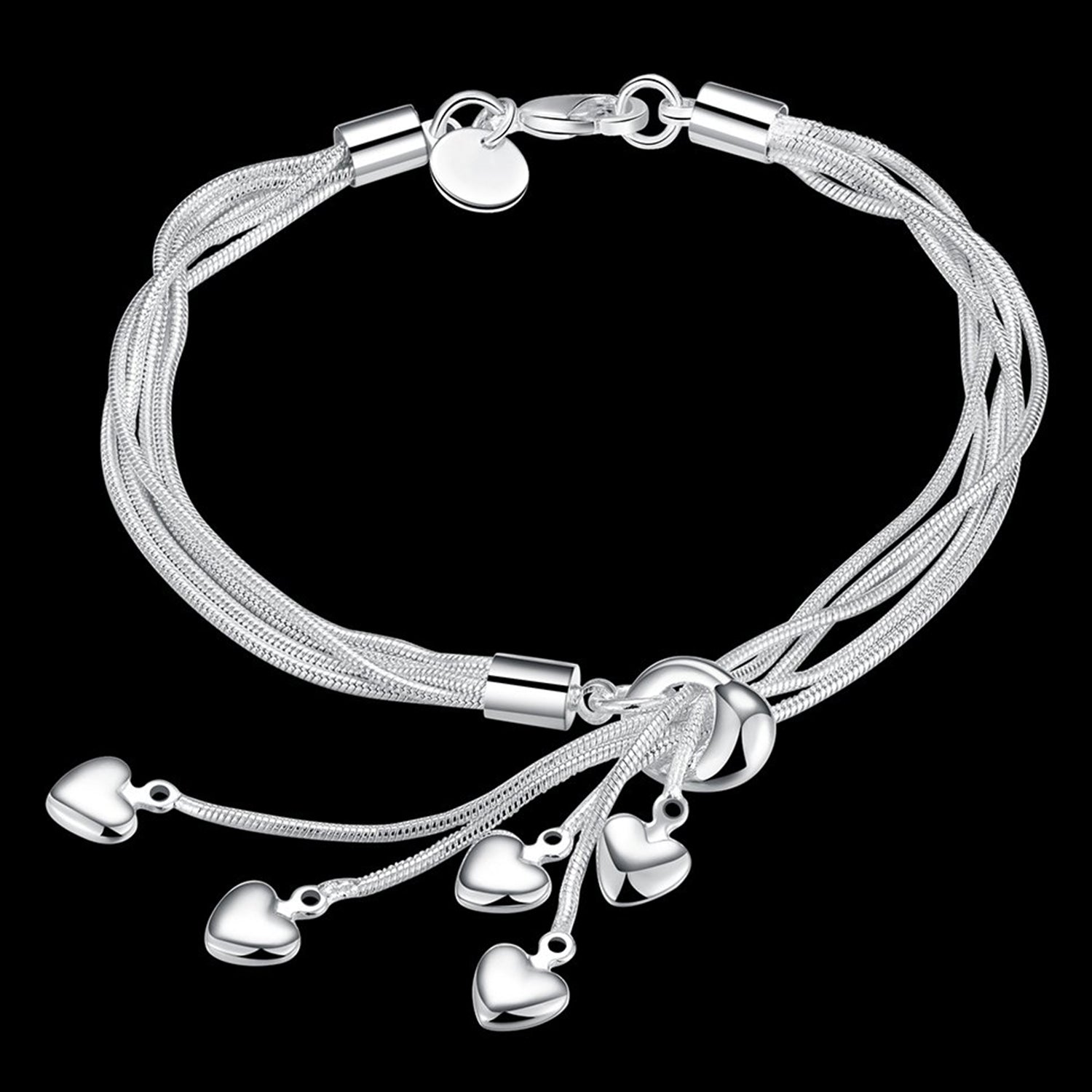 Rhodium Plated Heart Charms Silver Adjustable Bracelet