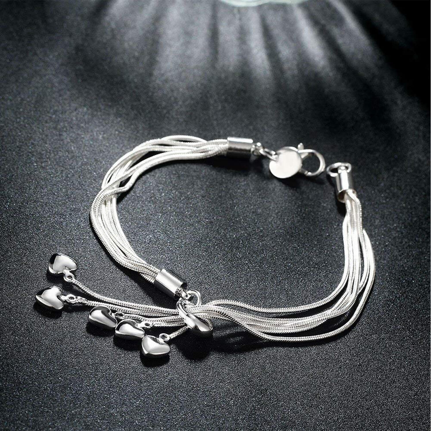 Rhodium Plated Heart Charms Silver Adjustable Bracelet