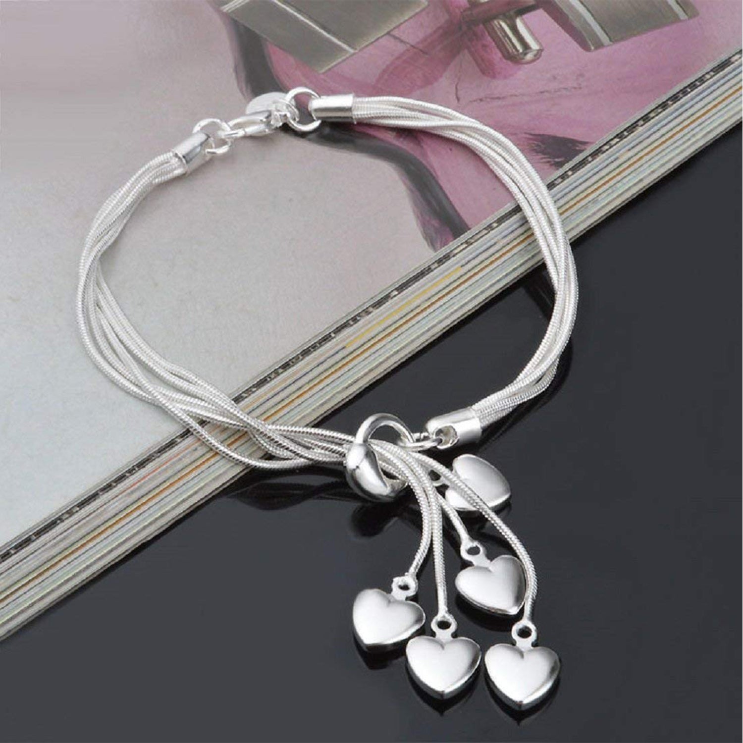 Rhodium Plated Heart Charms Silver Adjustable Bracelet