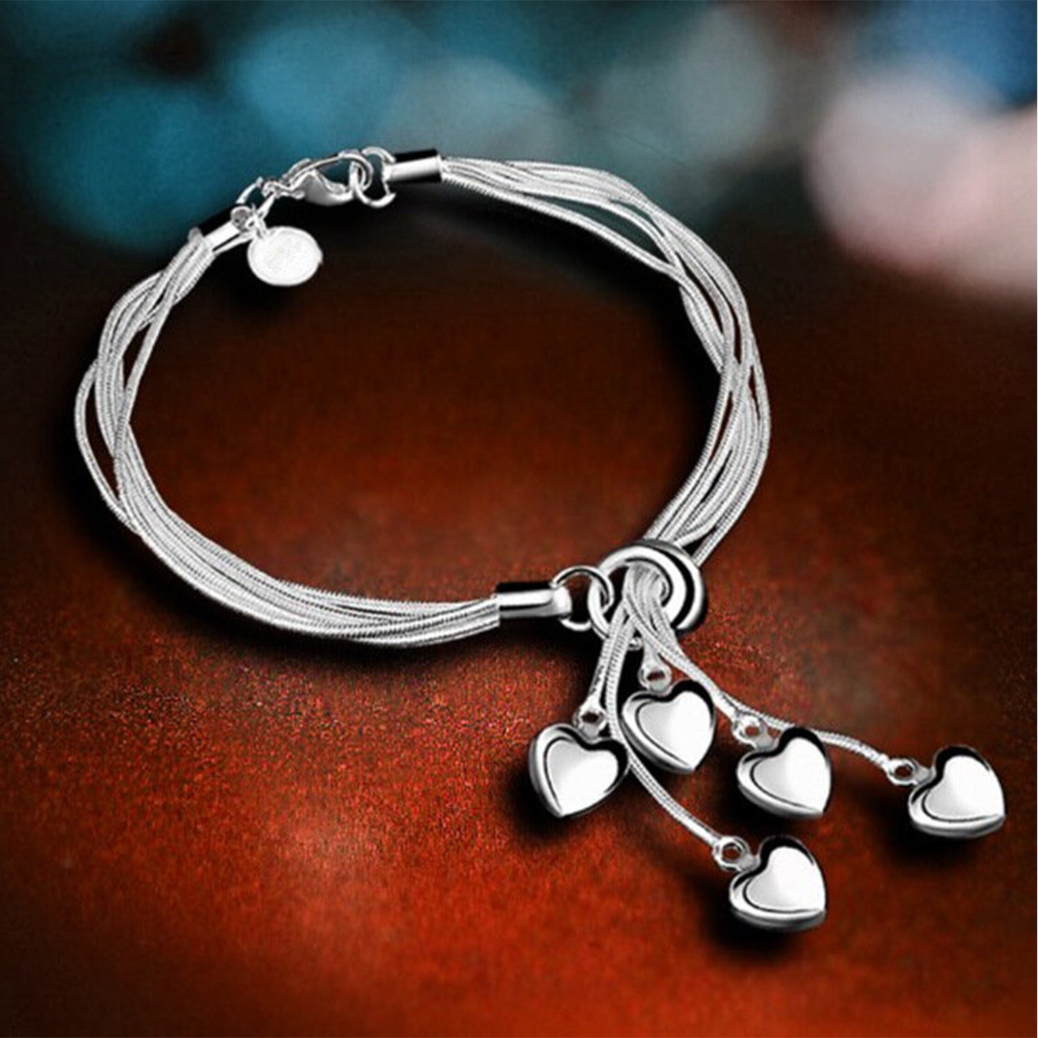 Rhodium Plated Heart Charms Silver Adjustable Bracelet