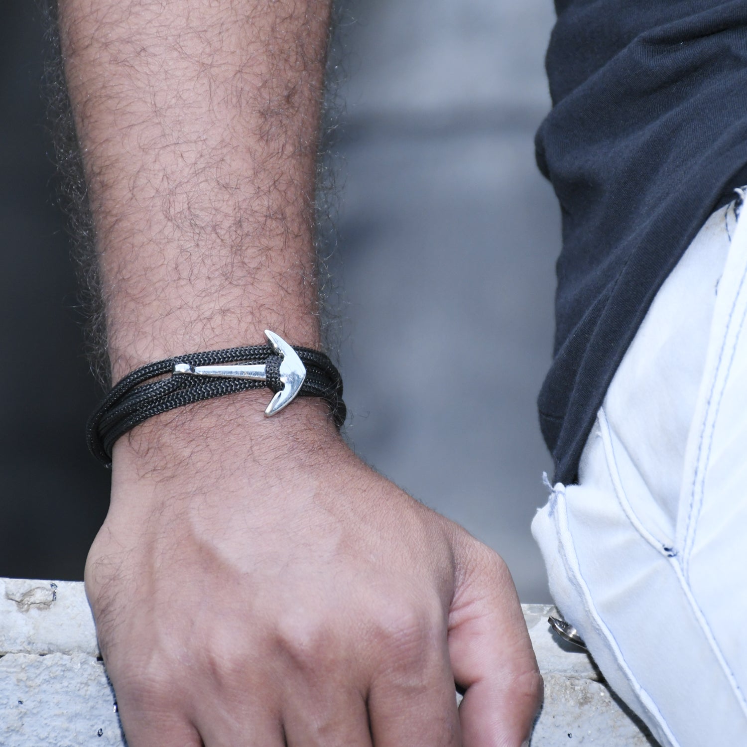 Anchor In Loop Rhodium Plated Adjustable Black Rope Style Unisex Bracelet