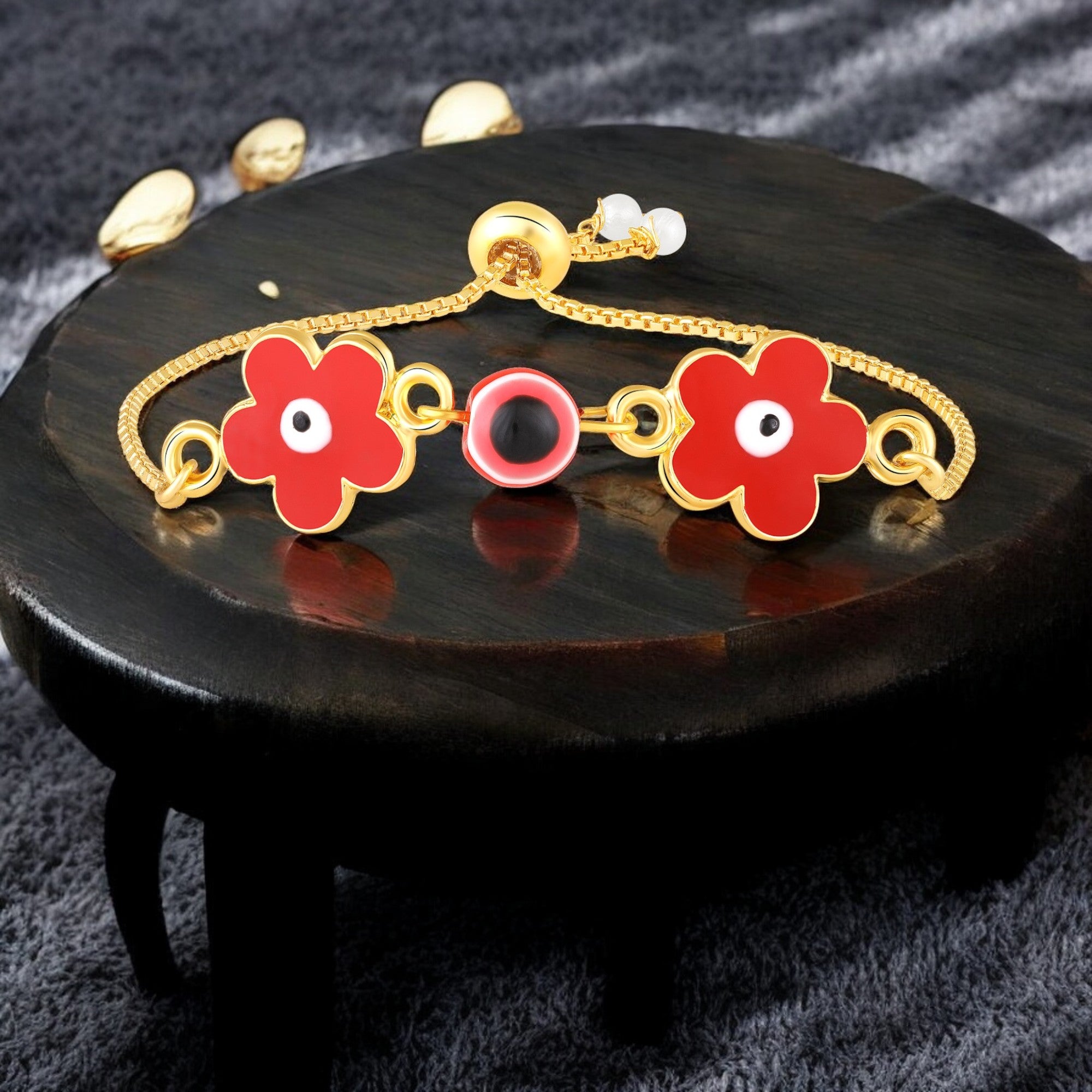 Meenakari Enamel Dual Floral Red Evil Eye Adjustable Bracelet