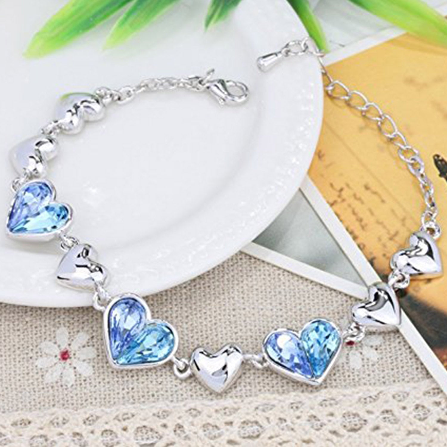 Blue Crystal Dual Heart Love Adjustable Bracelet