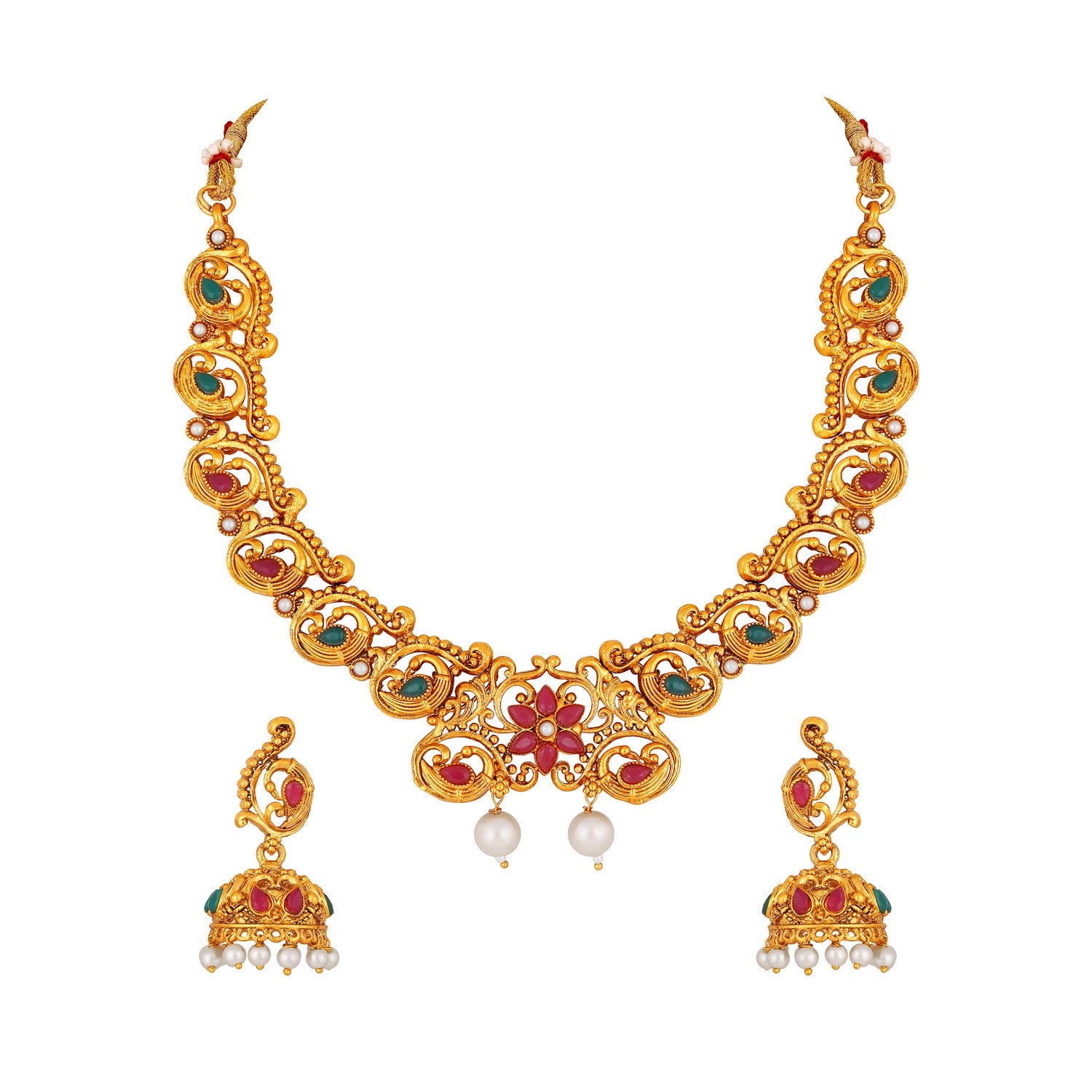 Traditional Multicolour Peacock and Floral Shaped White Kundan Chokar Necklace Set