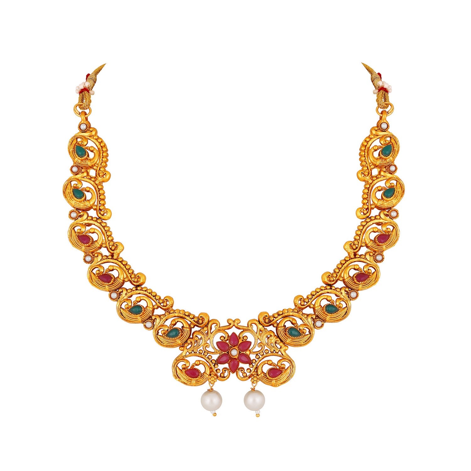 Traditional Multicolour Peacock and Floral Shaped White Kundan Chokar Necklace Set
