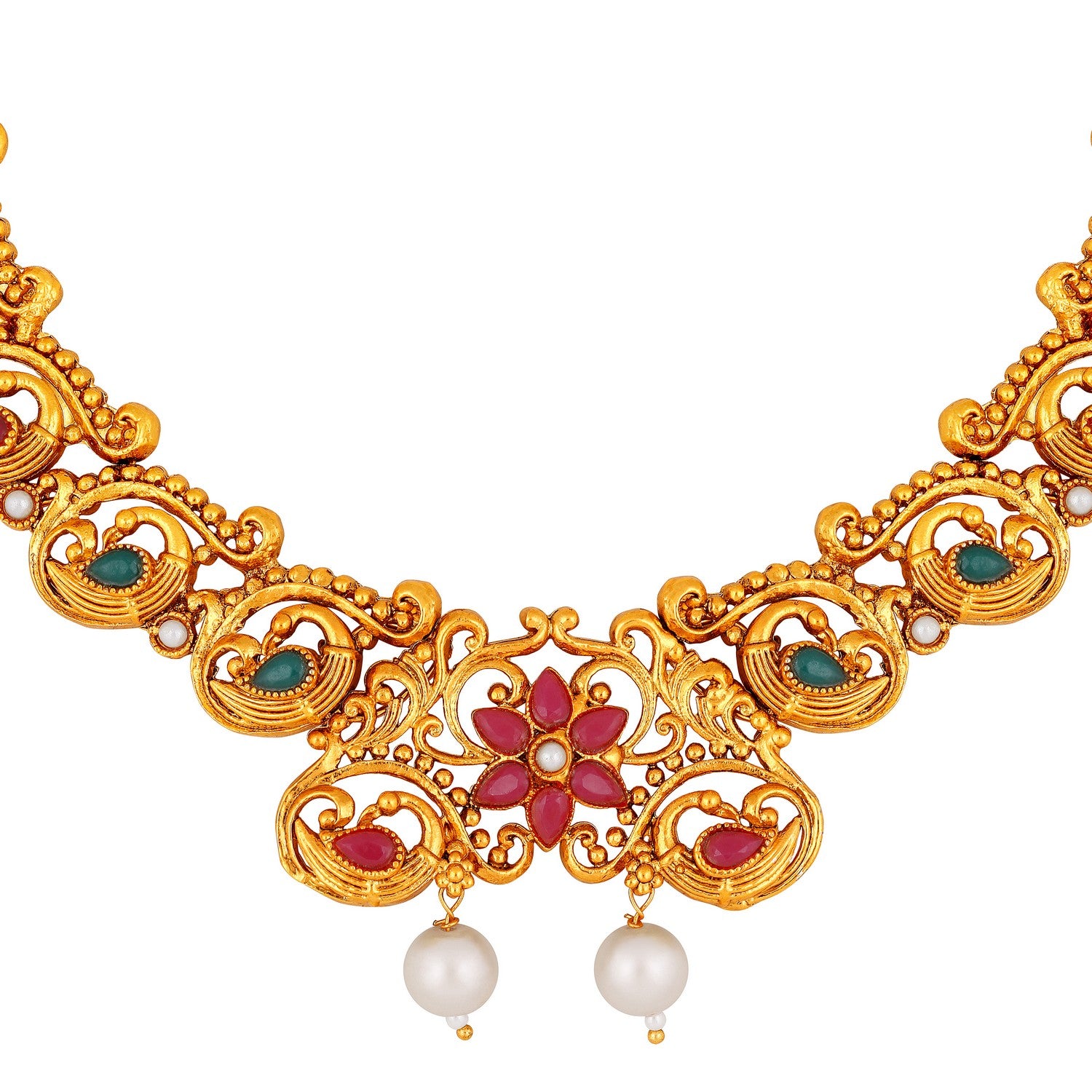 Traditional Multicolour Peacock and Floral Shaped White Kundan Chokar Necklace Set
