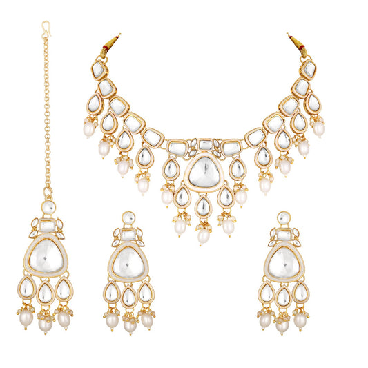 Meenakari Work White Artificial Pearls and Kundan Chokar jewellery Set
