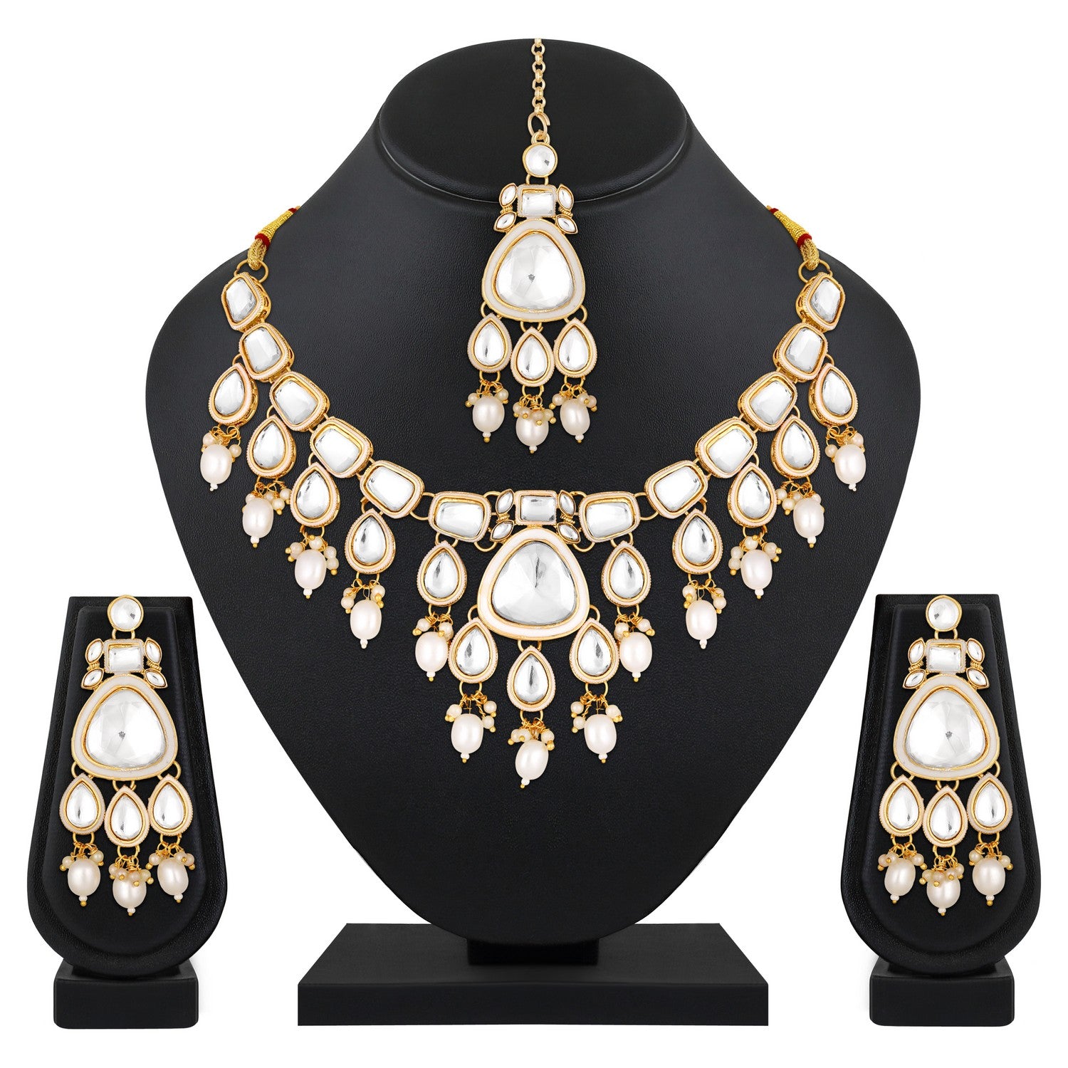 Meenakari Work White Artificial Pearls and Kundan Chokar jewellery Set