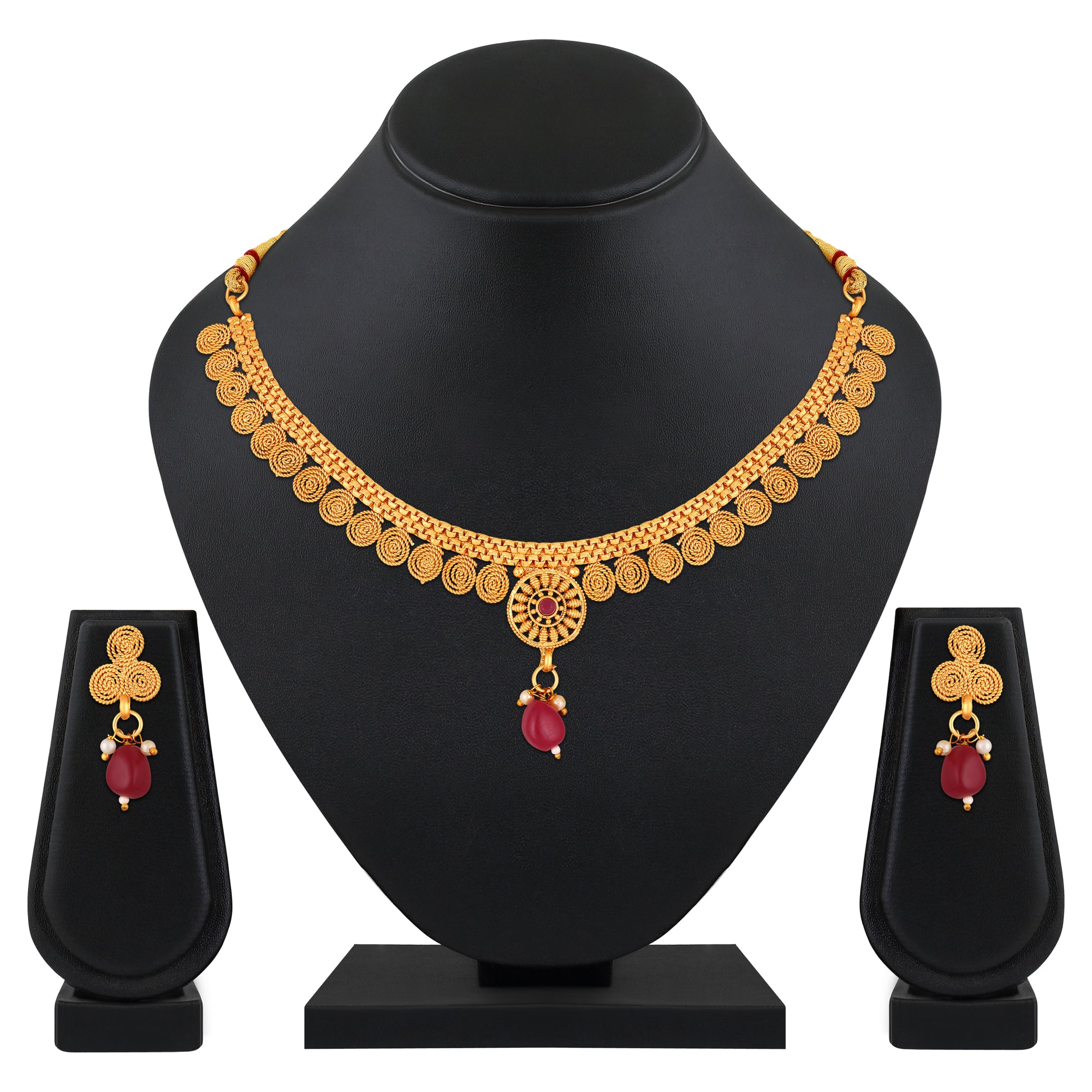 Maroon kundan Floral and cricular shaped Chokar Necklace Set