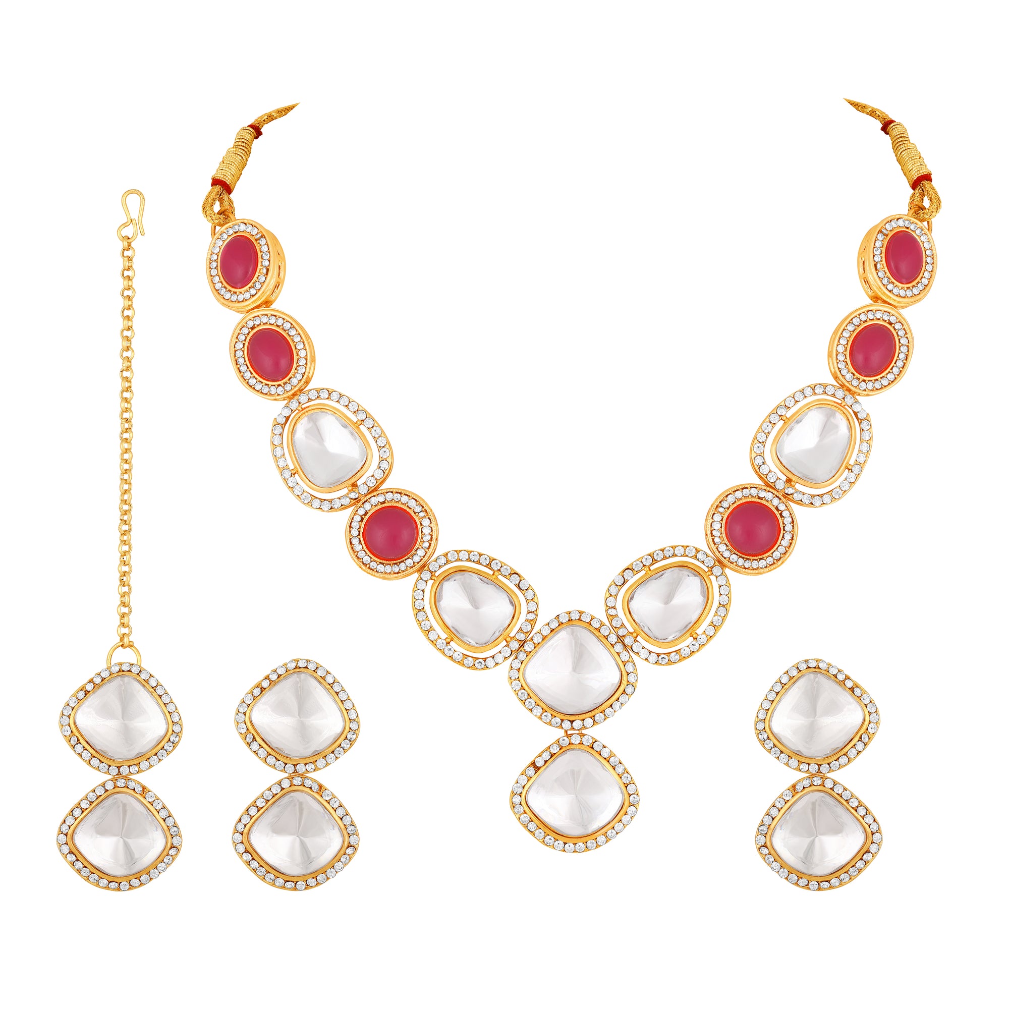 Red and white Kundan Chokar Necklace Set