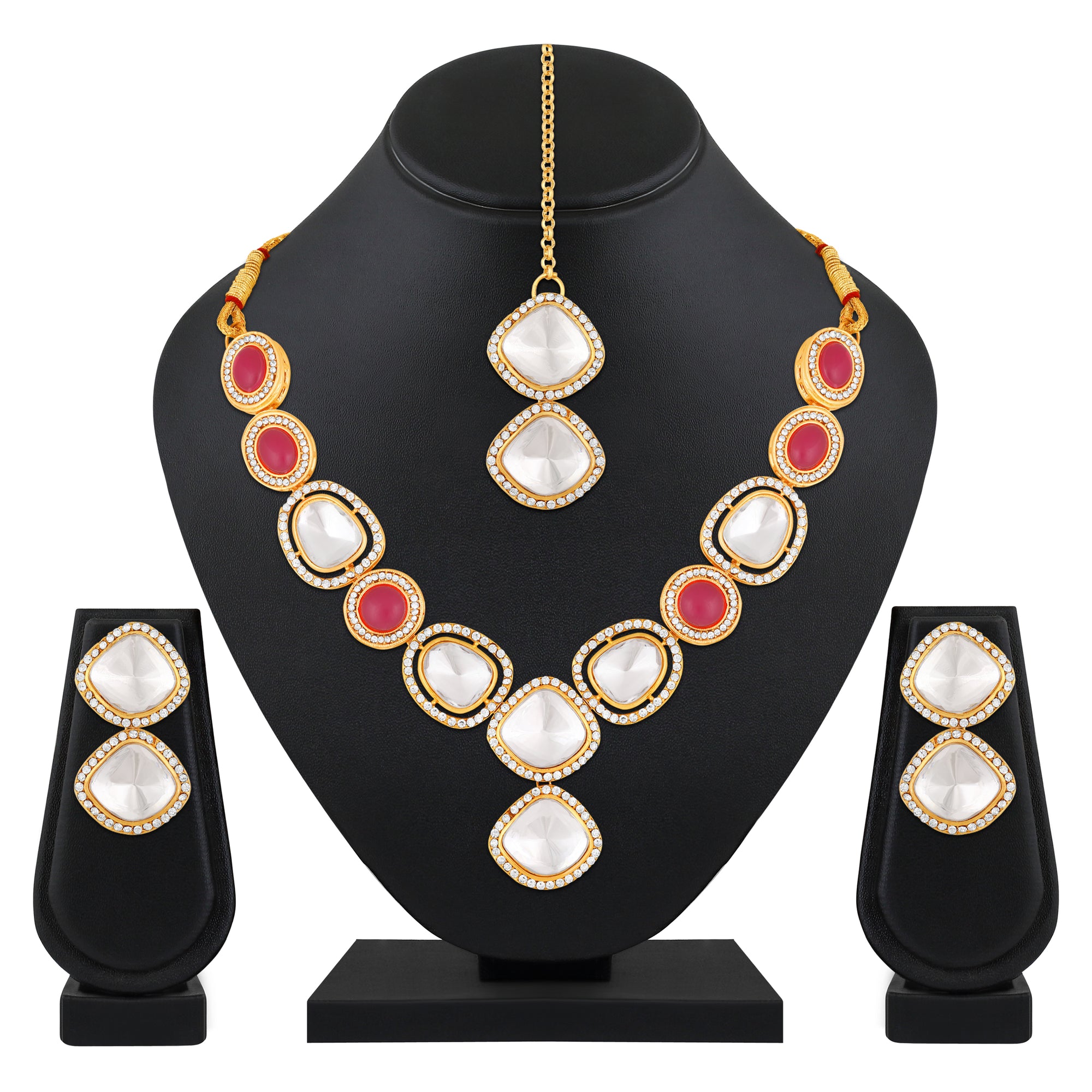 Red and white Kundan Chokar Necklace Set