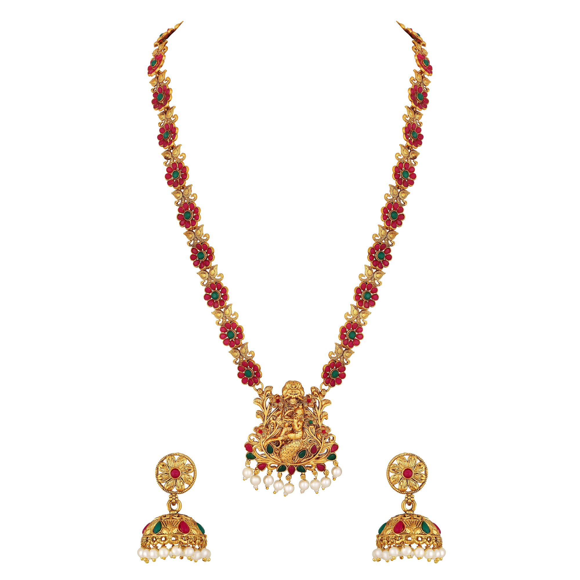 Lord Krishna with Maroon and Green colour Floral Necklace Set