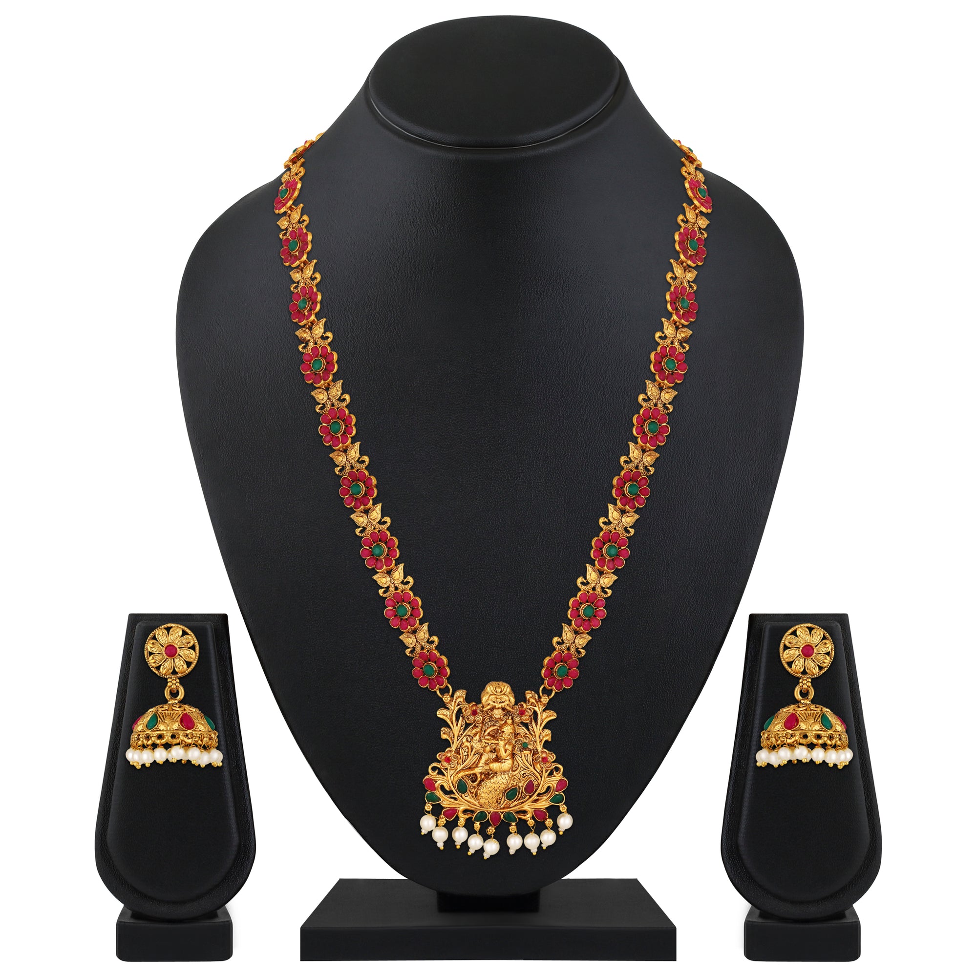 Lord Krishna with Maroon and Green colour Floral Necklace Set