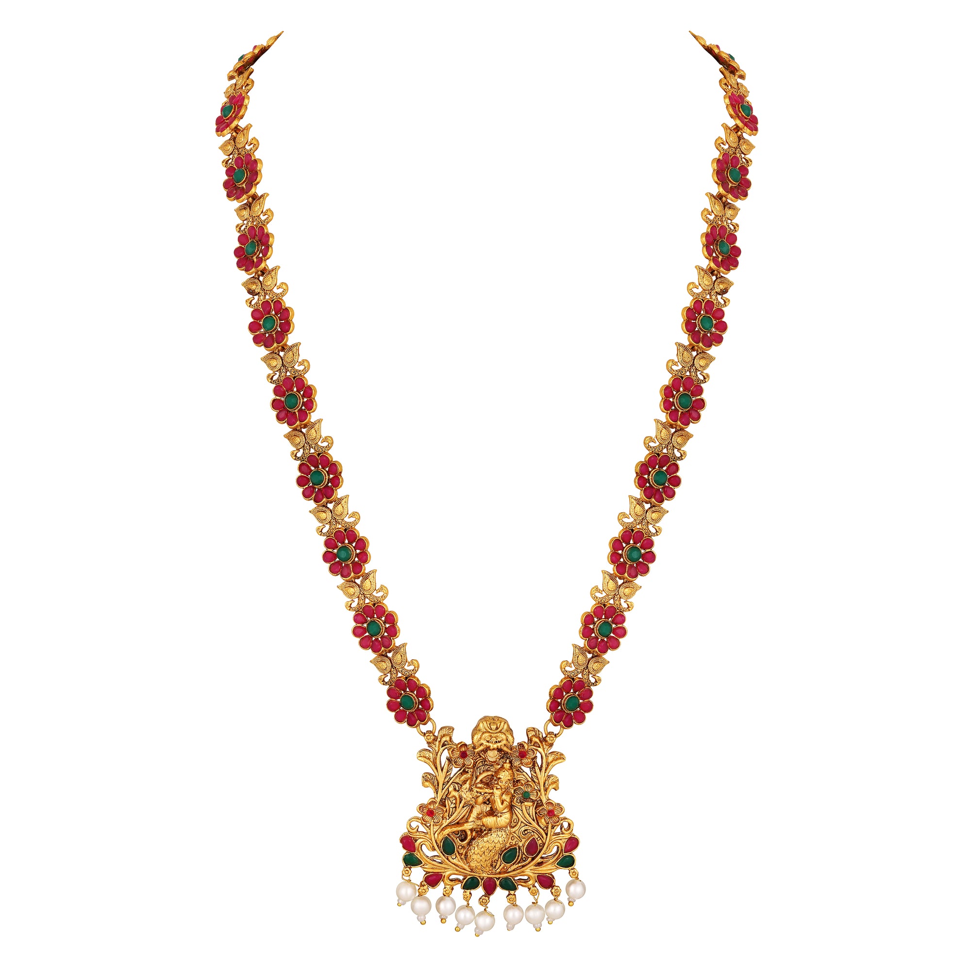 Lord Krishna with Maroon and Green colour Floral Necklace Set