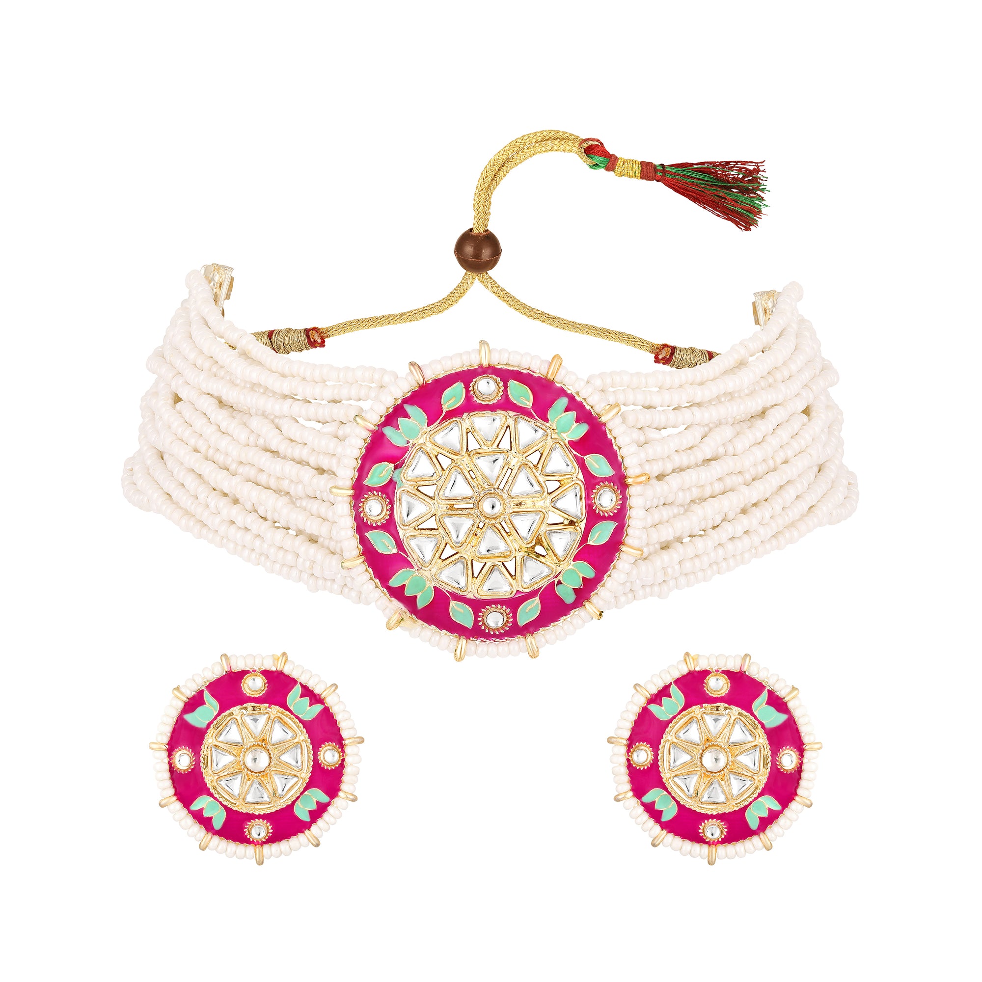 Floral Meenakari Work White Kundan Chokar Necklace Set