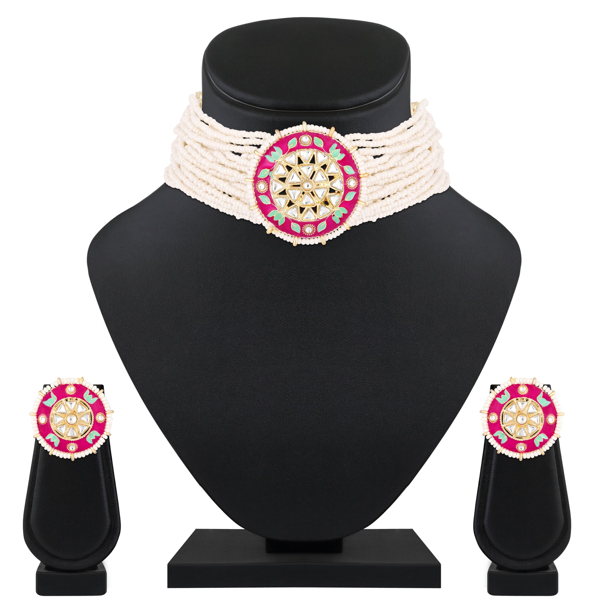 Floral Meenakari Work White Kundan Chokar Necklace Set