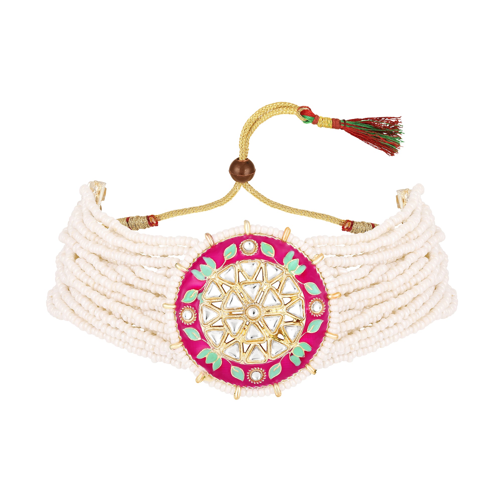 Floral Meenakari Work White Kundan Chokar Necklace Set