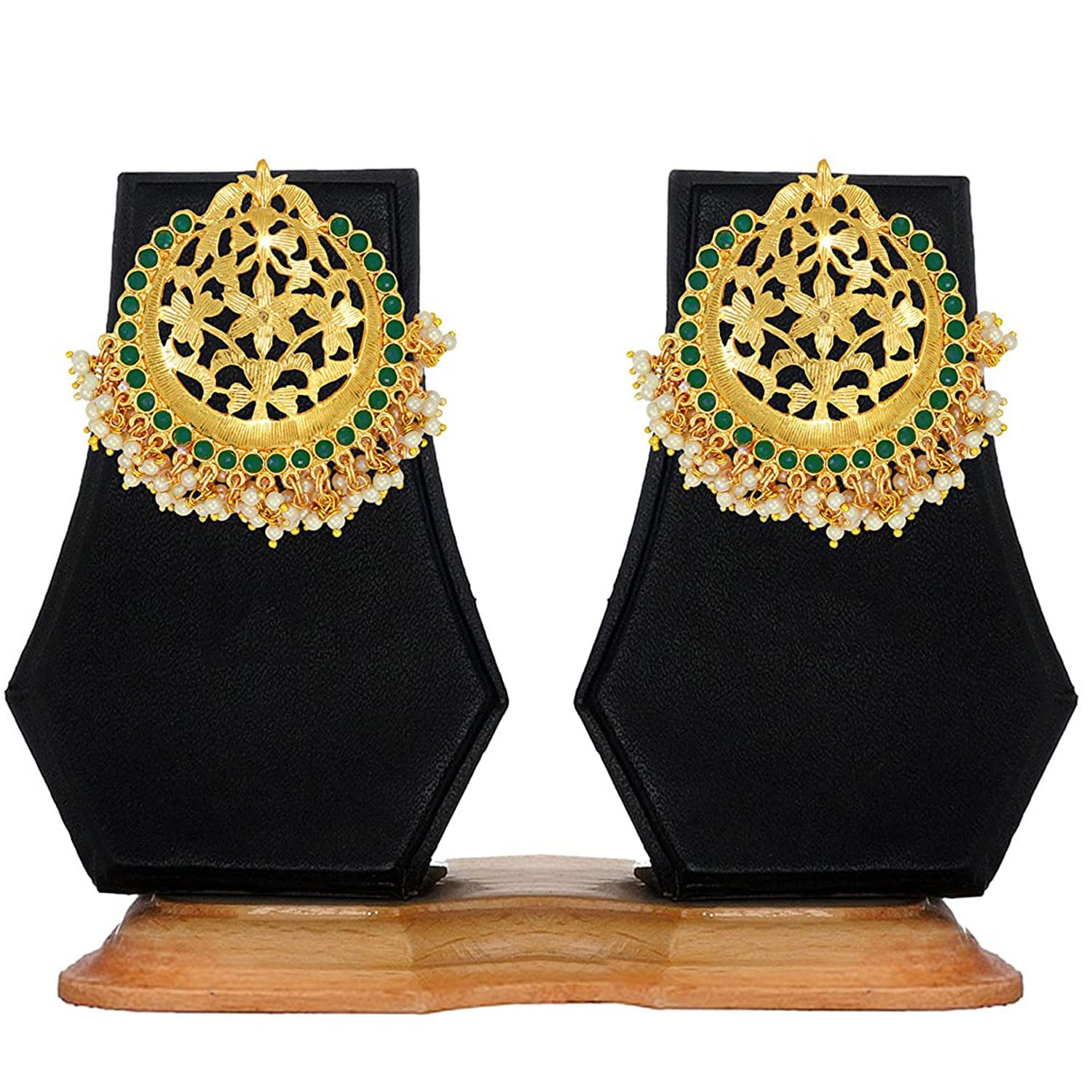 Traditional Green Kundan and Pearl Round Dangle Earring