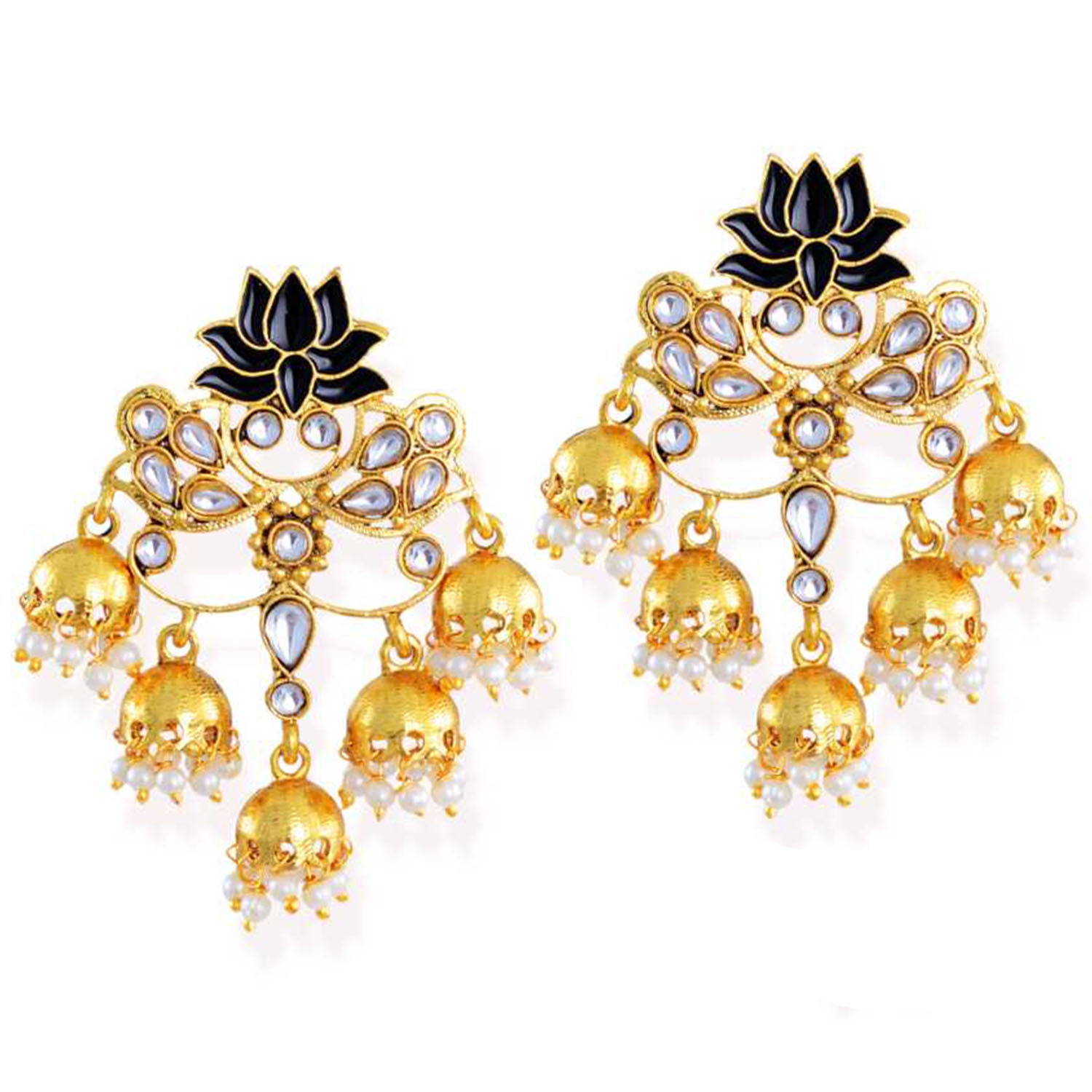 Traditional Pearl and Kundan Meenakari Lotus Jhumki Earring
