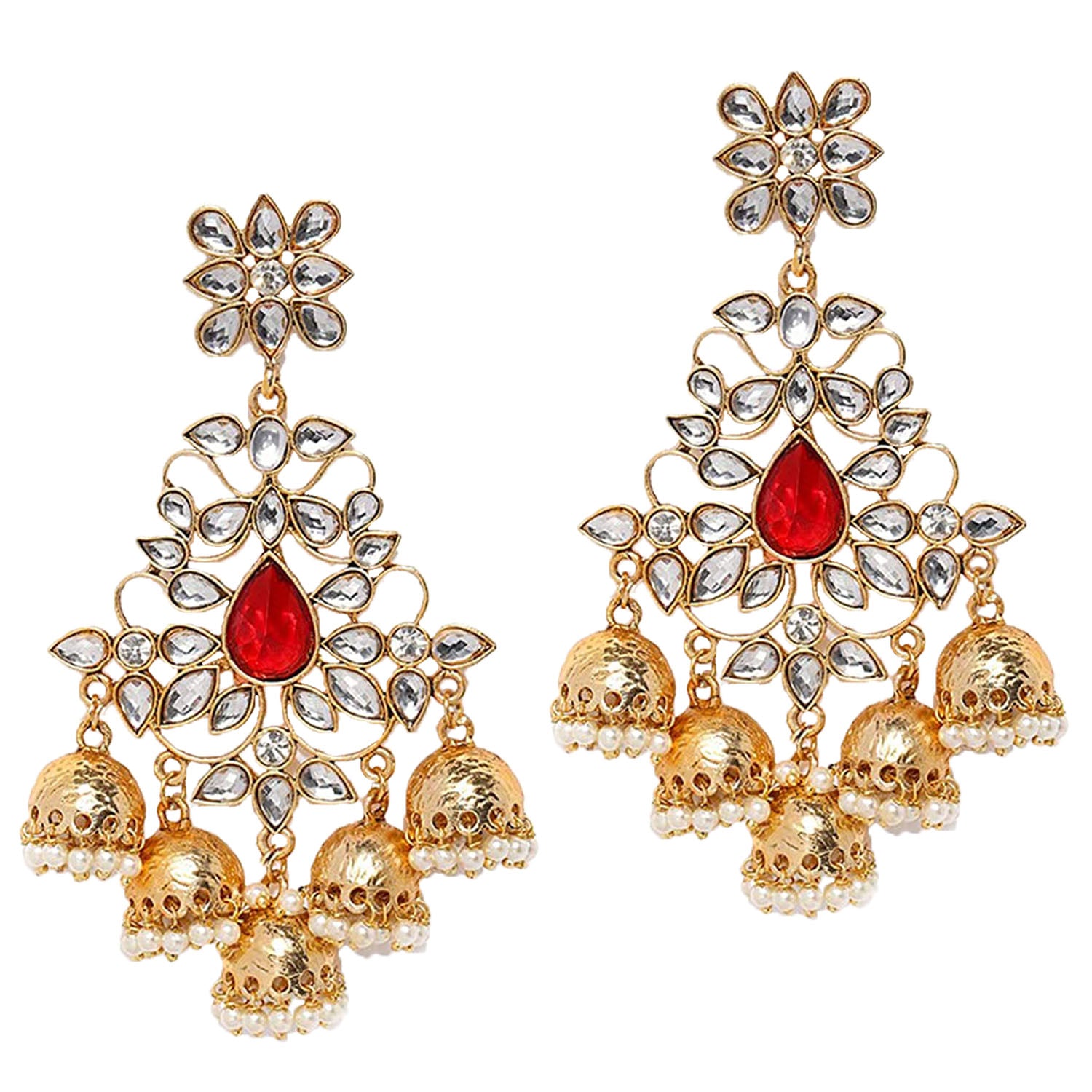 Traditional Dangler Big Jhumki Earrings with Red Kundan