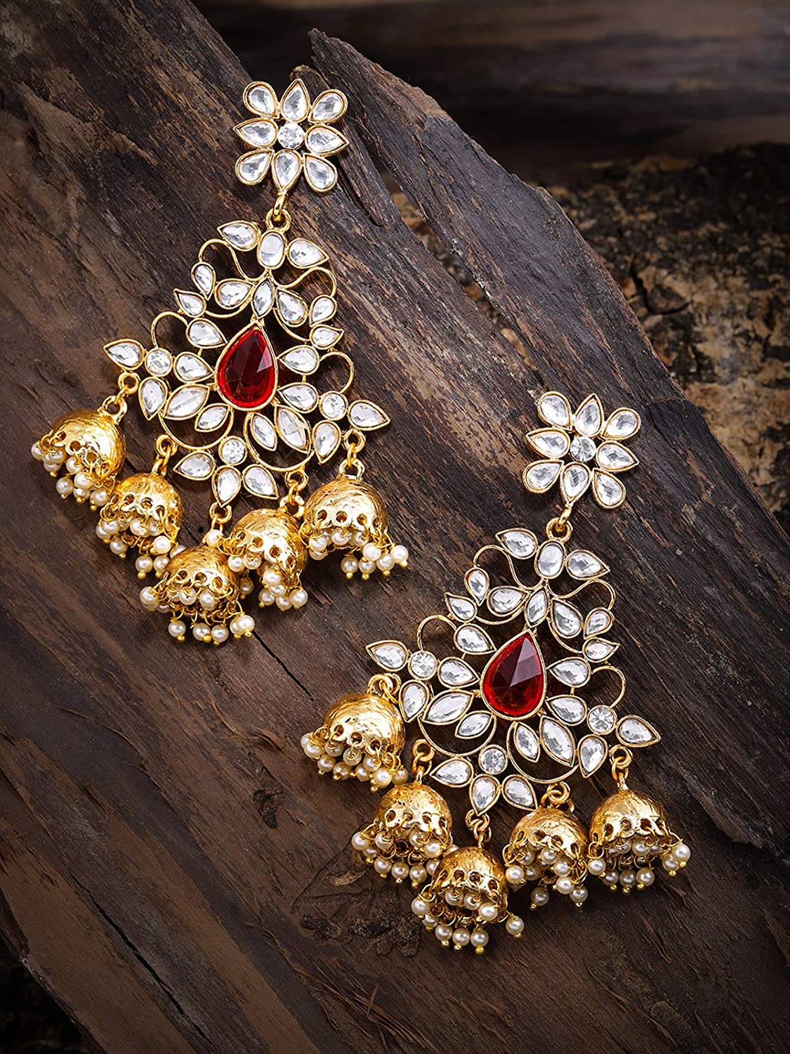Traditional Dangler Big Jhumki Earrings with Red Kundan