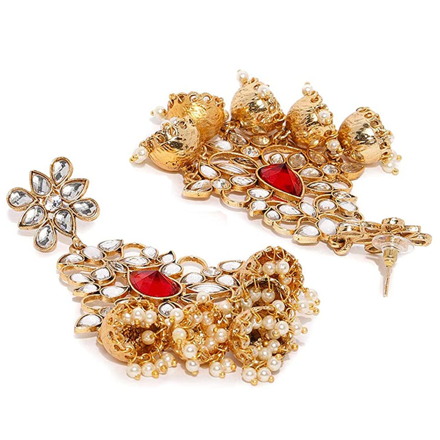 Traditional Dangler Big Jhumki Earrings with Red Kundan