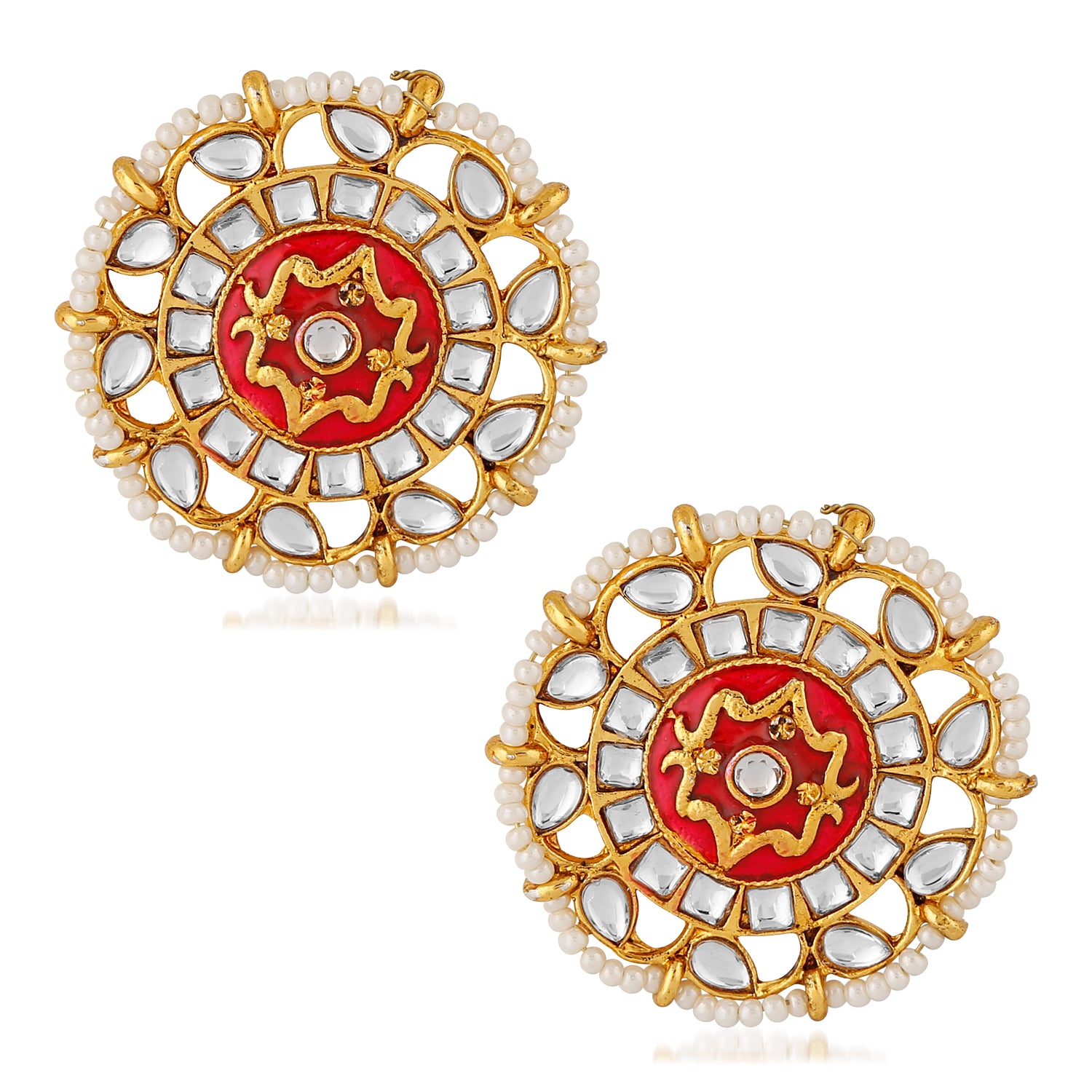 Traditional Meenakari White and Red Kundan Circular Stud Earring