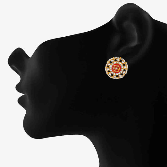 Traditional Meenakari White and Red Kundan Circular Stud Earring