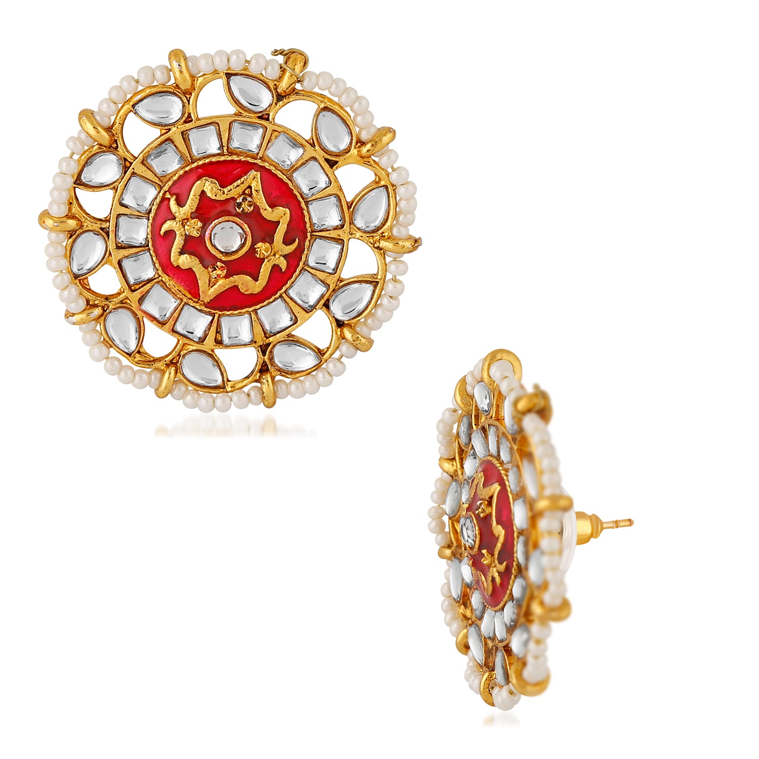 Traditional Meenakari White and Red Kundan Circular Stud Earring
